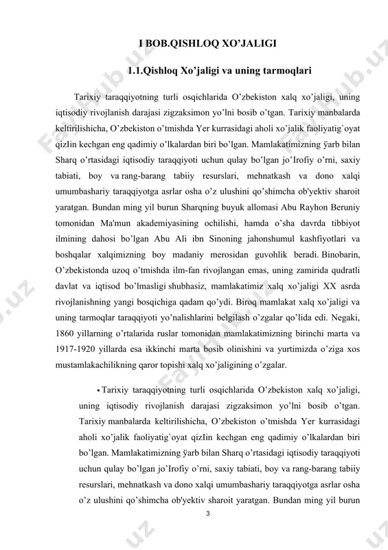 ning iqtisodiy rivojlanish darajasi zigzaksimon yo’lni bosib o’tgan. tarixiy manbalarda keltirilishicha, o’zbekiston o’tmishda yer kurrasidagi aholi xo’jalik faoliyatig`oyat qizіin kechgan eng qadimiy o’lkalardan biri bo’lgan. mamlakatimizning o'arb bilan sharq o’rtasidagi iqtisodiy taraqqiyoti uchun qulay bo’lgan jo’іrofiy o’rni, saxiy tabiati, boy va rang-barang tabiiy resurslari, mehnatkash va dono xalqi umumbashariy taraqqiyotga asrlar osha o’z ulushini qo’shimcha ob'yektiv sharoit yaratgan. bundan ming yil burun sharqning buyuk allomasi abu rayhon beruniy tomonidan ma'mun akademiyasining ochilishi, hamda o’sha davrda tibbiyot ilmining dahosi bo’lgan abu ali ibn sinoning jahonshumul kashfiyotlari va boshqalar xalqimizning boy madaniy merosidan guvohlik beradi. binobarin, o’zbekistonda uzoq o’tmishda ilm-fan rivojlangan emas, uning zamirida qudratli davlat va iqtisod bo’lmasligi shubhasiz, mamlakatimiz xalq xo’jaligi xx asrda rivojlanishning yangi bosqichiga qadam qo’ydi. biroq mamlakat xalq xo’jaligi va uning tarmoqlar taraqqiyoti yo’nalishlarini belgilash o’zgalar qo’lida edi. negaki, 1860 yillarning o’rtalarida ruslar tomonidan mamlakatimizning birinchi marta va 1917-1920 yillarda esa ikkinchi marta bosib olinishini va yurtimizda …