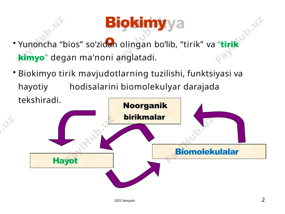tirik organizmlarning xatti-harakatlarini ularga ta'sir qiladigan fizika va kimyo qonunlariga muvofiq o’rganish mumkin. biroq, tirik organizmlar, jonsiz moddalar ega bo'lmagan maxsus xususiyatlarga ega. ushbu o'ziga xos xususiyatlarni o'rganish biokimyoni tashkil qiladi. "tirik mavjudot" ning xususiyatlari 8 biokimyo fanidan ma'ruza matnlari 2013 yil 8 yanvar 1. birgalikta harakatlanish 2. funksiya 3. energiyani uzatish 4. replikatsiya 9 biokimyo fanidan ma'ruza matnlari tirik mavjudotlarning kimyoviy elementlari faqat 6 ta ametal element : kislorod, uglerod, vodorod, azot, fosfor va oltingugurt ko'p organizmlarning og'irligining 97% ni tashkil qiladi. bu elementlar barqaror kovalent bog'lanish hosil qilishi mumkin hujayralarning eng katta qismi suvdir. uglerod tirik organizmlarda asosiy elementdir. har bir organizm turi o’ziga xos oqsil va nuklein kislotaga ega molekulalardan tashkil topgan maxsus tuzilishga ega. tirik organizmlarning taxminan 1 500 000 turi mavjud bo'lib, ular e. coli va inson organizmi kabi juda murakkab tuzilish namoyon etadi. 10 biokimyo fanidan ma'ruza matnlari bunday kompleks tuzilishli organizmlarda noodatiy tuzilish …