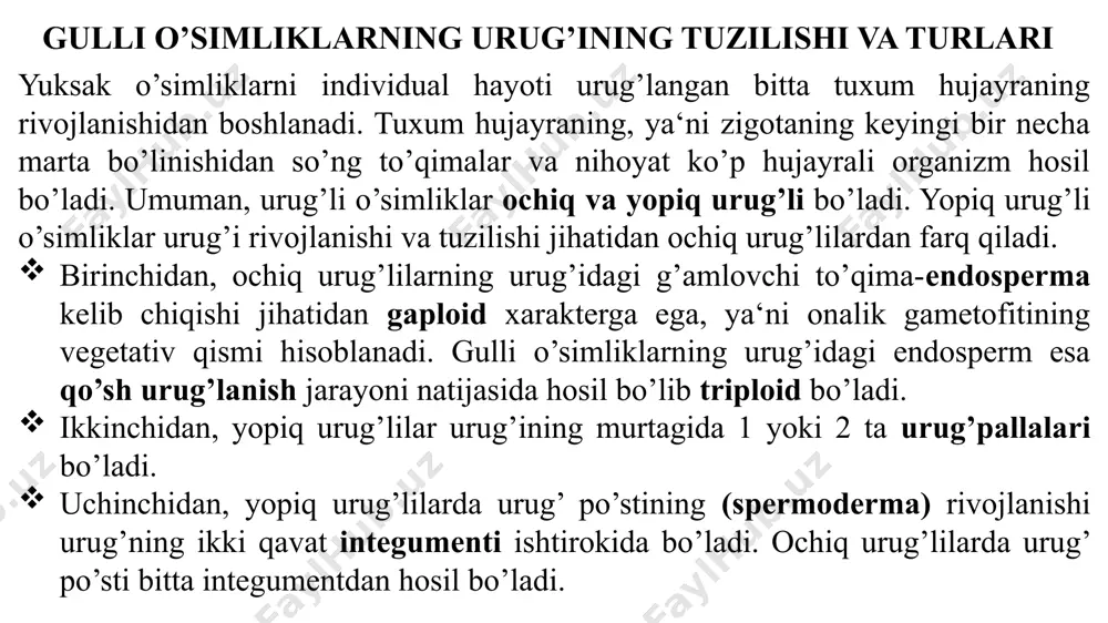 zilishi va turlari urug’larning xillari: a-ko’knor; b-bug’doy; c-randak; d-murch; e- zig’ir; h-no’xat; 1-urug’ po’sti (spermoderma); 2-endosperm; 3-ildizcha; 4-poyacha; 5-kurtakcha; 6-urug’palla (3-6-murtak); 7-meva po’sti; 8-perisperm. gulli o’simliklarning urug’ining tuzilishi va turlari urug’ turlari quyidagicha bo’ladi: endospermli urug’lar. urug’da murtakning unib chiqishi uchun kerakli bo’lgan oziq moddalar maxsus g’amlovchi to’qima - endospermda to’plansa endospermli urug’ deyiladi. bunday urug’lar bug’doydoshlar, ituzumdoshlar va ziradoshlar oilalarining vakillarida aniq ko’zga tashlanadi. gulli o’simliklarning urug’ining tuzilishi va turlari endospermsiz urug’lar. urug’da murtakning unib chiqishi uchun kerakli zaxira oziq moddalar murtakning o’zida, ya‘ni urug’ pallalarida to’plangan bo’lsa endospermsiz urug’ deyiladi. bu urug’lar burchoqdoshlar, qoqidoshlar, qovoqdoshlar oilalarining vakillarida uchraydi. g’o’za chigiti ham endospermsiz urug’ hisoblanib, unda murtak va ikkita qobiqdan iborat. pardasimon tashqi qobiq yog’ochlangan bo’ladi, unda uzun va qisqa tuklar bilan qoplangan. ichki pardasimon qobiq juda yupqa va nozik bo’lib murtak xaltachasining qoldig’idir. burchoqdoshlar oilasi urug’lari murtagida xarakterli xususiyat poyachaning egilgan holda bo’lishidir. bir pallalilardan o’qbarg, bo’lduruq o’t …