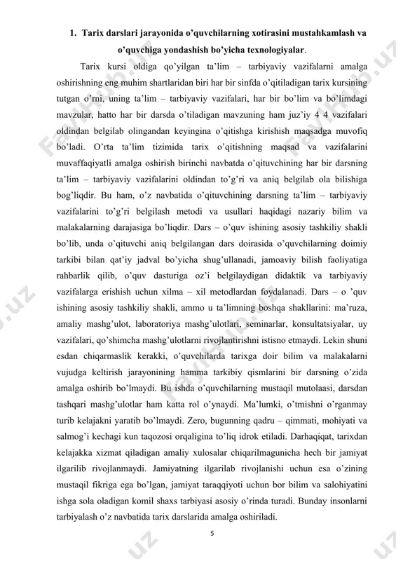 qurish yo’lida insonlarni fozil, komil kishilar qilib tarbiyalashda foydalanish va hozirgi davrga xizmat qildirish eng dolzarb vazifalarimizdan hisoblanadi. tarix fani bugungi kunda har qachongidan ham e’tiborga molikdir. mamlakatimiz taqdirida nihoyatda muhim bo’lgan ushbu davrda, har bir sof vijdonli, vatanparvar shaxs, unda faol ishtirok etishi, mavjud muammolarning kalitini, yechimini axtarishi lozim. bu kalit – jahon xalqlarining ko’p asrlik tarixidir. tarix sahnasida inson o’zining fazilatlari va nuqsonlari bilan hamisha asosiy omil bo’lib kelgan. shu sababdan o’tmishni jonli, doimiy rivojlanishda bo’lgan mujassam birlik – ya’ni insoniyat tarixini bilmay turib biz bugungi kunni tushunishimiz, bo’layotgan jarayonlarni anglab yetishimiz qiyin bo’ladi. jahon xalqlarining o’tmish tarixini o’rganganimizda, bizga uzoq vaqt singdirib kelingan g’oya, tarixni sinfiy kurashlar nuqtai nazaridan baholash yoki noo’rin bo’rttirib ko’rsatishlardan saqlanmog’imiz zarur. sababi qadimgi dunyo va o’rta asrlar davrida siyosiy vaziyat, mafkura doirasi o’zgacha bo’lganligi hammamizga ma’lum. qolaversa, davr mahsuli: tarixiy shaxslar, oddiy fuqarolardan tortib qirollargacha hamma – hammalarining o’z g’oyalari, tushunchalari, maqsad …