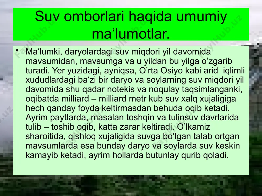 li suv omborlari; tug’onli suv omborlari. dambali suv omborlari quyidagi kurinishlarda uchraydi: a) bir tomonlama damba, nishab joyda seldan saqlash maqsadida quriladi; b) gir aylanma damba, gorizontal joyda quriladi; v) yarim kovlangan damba, suv ombori suv sig’imini kattalashtirish maqsadida quriladi. image1.jpeg image2.jpeg image3.jpeg image4.jpeg image5.jpeg image6.png image7.jpeg image8.jpeg image9.jpeg image10.jpeg