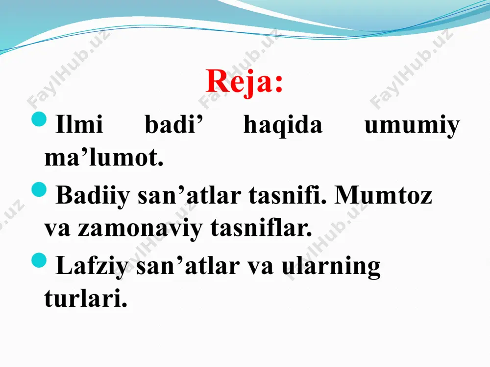 erak. atoulloh husayniy tasnifiga ko‘ra lafziy san’atlar tajnisli tarsi’ radd (qaytarish) qalb saj’ tashtir tajziya tasri’ tarsi’ tasmit aks zulqofiyatayn talavvun muvassal muqatta’ jam’ ul-huruf musoviyat tarafayn mudavvar tajnis ilmi badi’ga doir tasniflar atoulloh husayniy (3 ga bo‘ladi) zokirjon mamajonov (12 ga bo‘ladi) yoqubjon is’hoqov (10 ga bo‘ladi) tarsi’ tarsi’ (ar. – gavharni ipga tizish) – baytning birinchi misrasidagi barcha so‘zlarning ikkinchi misradagi so‘zlar bilan o‘zaro teng, vazndosh va qofiyadosh bo‘lishiga asoslangan badiiy san’at. umar roduyoniyning “tarjumon ul-balog‘a” (11-a.) asaridan boshlab ilmi badi’ga doir barcha forsiy risolalar tarsi’ san’ati ta’rifi bilan ibtido topganligini ko‘rish mumkin. tarsi’ qamar yuzungdin bo‘lur munavvar, shakar so‘zungdin kelur mukarrar (sayfi saroyi) sendek menga bir yori jafokor topilmas, mendek senga bir zori vafodor topilmas. (bobur) tarsi’ san’atini muvozanadan farqlash lozim. muvozanada bir qarashda barcha so‘zlar o‘zaro qofiyadosh bo‘lib ko‘rinsa-da, aslida so’zlar tengligi va o’zaro vazndoshligi hisobiga ritm hosil qilinadi (aksariyat hollarda raviyda mutanosiblik bo‘lmaydi): ishqing g’amida …