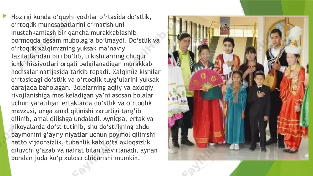 a faoliyat ko‘rsatishi bilan bir qatorda uzluksiz rivojlanish imkoniyatiga ham ega bo‘ladi. natijalar bugungi kunda o‘quvchilarda do‘stlik munosabatini shakllantirish ularda insoniy sifatlarni rivojlantirishga katta e’tibor berilmoqda. darhaqiqat, hozirda aynan kichik sinf o‘quvchilarida bu tuyg‘u to‘liq shakllanib bo‘lmagan, lekin yuqori sinf o‘quvchilari buni anglab yetgan desak mubolag’a bo‘lmaydi. chetel tajribalariga asoslangan holda bizning davlat ta’lim tizimida ham o‘quvchilarda ijobiy hislatlarni paydo qilishda ularga ko‘proq tahliliy fikrlash uslubi qo‘llanilmoqda. aynan bu uslub orqali ko‘plab natijalarni ko‘rish mumkin. bir qancha kuzatuv tahlillarimiz shuni ko‘rsatadiki, aynan bolalarda bunday atrofdagilarga bo‘lgan munosabatlar salbiy tarafga o‘zgarishiga avvalo ota-ona e’tibori asosiy sabab bo‘lib kelmoqda, chunki ko‘plab ota-onalar farzandalari ta’limi tarbiyasiga vaqt ajratmaydi ,ayrimlari nima bilan shug’ullanayotgani ,qay muhitda tarbiya olayotganiga afsuski be’etibor bo‘lishgan. oqibatda mana shunday yaqinlik atrofdagilarga ishonch bolada shakklanmaydi ular o‘zlarini ijtimoiy tarmoqlar eng to‘g‘ri yo‘l ko‘rsatuvchi, yaqin do‘st deb bilishadilar. muhokama avvalo o‘quvchilarda do‘stlik, o‘rtoqlik hissini rivojlantirishda maktablarda guruhiy ishlar tashkil etiladi; unda jamoani …