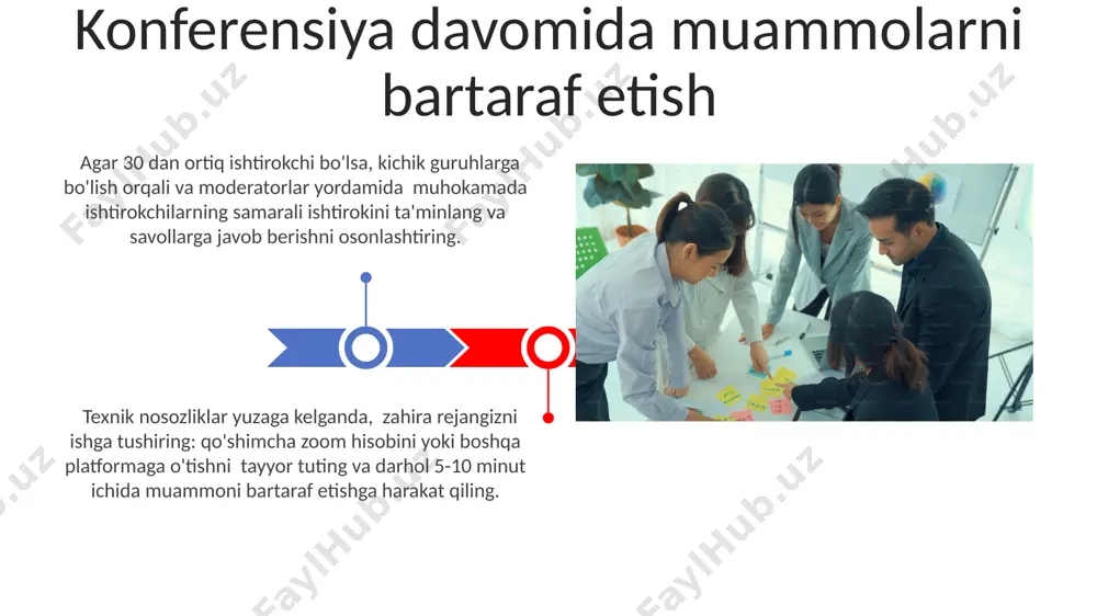 lashtiradi. konferensiyadan keyin 5 kun ichida qatnashchilarning fikr-mulohazalarini yig'ish uchun so'rovnoma yuboring va natijalarni kelgusi tadbirlarni rejalashtirishda hisobga oling. savol-javob sessiyasini tashkil etish savol-javob sessiyasining samaradorligini oshirish uchun vaqt chegarasini (masalan, har bir savol uchun 1-2 daqiqa) belgilang va moderatordan foydalaning. savol-javob sessiyasi uchun zoom’dagi "q&a" funksiyasidan foydalaning, unda ishtirokchilar savollarini yozma ravishda berishlari va siz ularga 10-15 minut ichida javob berishingiz mumkin. xavfsizlik va maxfiylik zoom’ning maxfiylik sozlamalari orqali ekranni yozib olish, chatni saqlash va boshqa funksiyalarni o'chirib, ishtirokchilarning ma'lumotlarini himoya qilish darajasini oshirishingiz mumkin. zoom platformada 256 gacha ishtirokchini qo'llab-quvvatlaydi, lekin katta konferentsiyalar uchun maxfiylikni ta'minlash uchun kichik guruhlarga bo'lish va alohida xonalar yaratish tavsiya etiladi. zoom platformada konferensiya yaratish konferensiya ishtirokchilarini boshqarish uchun zoomning “breakout rooms” funksiyasidan foydalaning, bu 50 tagacha kichik guruhlarga boʻlinish imkonini beradi va samarali muloqotni taʼminlaydi. zoom’ning “waiting room” funksiyasi yordamida 100 dan ortiq ishtirokchilarni konferensiyaga nazorat ostida qoʻshish va nojoʻya ishtirokchilarni oldini …