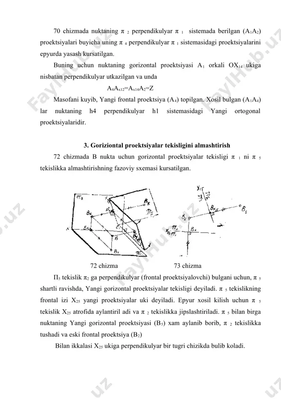 mning tekis parallel xarakatiga deyiladi. bunday xarakatni xama vakt traktoriyalar tekisligida sodir bulayotgan siljish va burilish deb karash mumkin. shaklning uk atrofida aylanishi tekis parallel xaraktga oddiy misol bulla oladi. bunda nuktalar aylantirish ukiga perpendikulyar binobarin, uzaro parallel tekisliklarda aylanalar chizadi. demak aylantirish usulini tekis-parallel xarakat usulining xususiy xoli deb karash mumkin. 75 chizmada avs uchburchakning xakikiy kurinishini tekis parallel xarakat usuli bilan yasash kursatilgan. buning uchun uchburchak ikki marta tekis parallel xarakatlantirilib h1 tekislikka paralle xolatga keltirilgan. chizma uchburchakda a1 orizontal utkazamiz va gorizontalning gorizontal proektsiyasi ox ukiga perpendikulyar vaziyatiga keltirilib, uchburchakning gorizontal proektsiyasi boshka joyga kuchiriladi. (a11 111 perpendikulyar ox ga va π a11 v11s11= π a11 b11s11). buning natijasida uchburchakning yangi vaziyatidagi frontal proektsiyasi (a12b12s12 ) tugri chizik kesmasi kurinishda bulib koladi. shundan keyin, frontal proektsiya (a12b12s12) proektsiyalar ukiga paralel (a''2b''2s''2 ) vaziyatga surilgan (a12b12s12= a''2b''2s''2) bu xarakat natijasida uchburchak fazoda π 1 tekislikka parallel bulib koladi; …