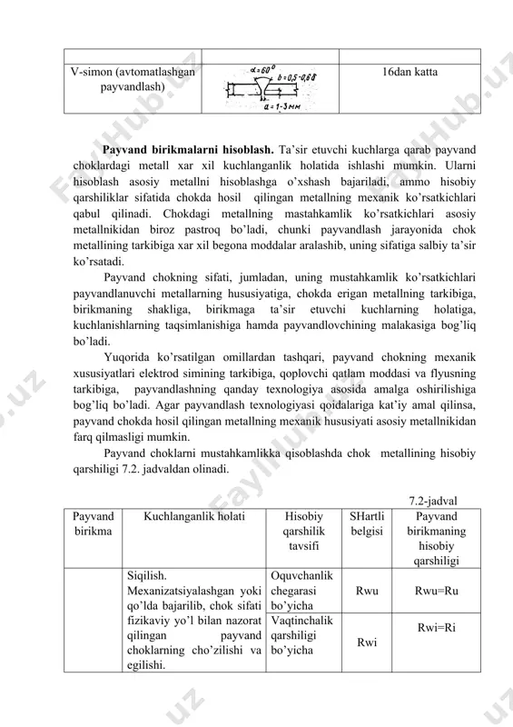 qtinchalik qarshiligi bo’yicha me’yoriy qarsh.rwun,mpa chok metali bo’yicha qirqilishda qarshiligi, rwf,mpa e42, e42a e46, e46a e50, e50a sv-08, sv-08a sv-08ga sv-10ga, sv-08g2s, sv-08g2sts, pp-an8, pp-an3 410 450 490 180 200 215 e60 sv-08g2s, sv-08g2sts, sv-10nma, sv-10g2 540 240 e70 sv-10xg2sma, sv-08xn2gmyu 685 280 e85 - 835 340 uchma-uch payvand choklarni hisoblash. uchma-uch payvandlangan choklarni bo’ylama zurikishga hisoblashda quyidagi shartning bajarilishi tekshiriladi (7.2 a-rasm). , bu yerda t- payvandlanuvchi ashyoning eng kichik qalinligi; lw-payvand chokni 2t ga kamaytirib qabul qilingan hisobiy uzunligi; rwy- uchma-uch payvandlangan chok metallining cho’zilish va siqilishdagi oquvchanlik chegarasi; s- payvand chok uchun ish sharoiti koeffitsienti. ma’lumki, chok metallining hisobiy qarshiligi asosiy metallning hisobiy qarshiligidan biroz kamroq bo’ladi. payvand chokdagi metallda hosil bo’ladigan kuchlanishni asosiy metalldagi kuchlanishga tenglash maqsadida chokni qiya holda ijro etish tavsiya etiladi. (7.2 b-rasm) bunday chokning kesimida hosil bo’lgan kuchlanish (=nsin(/tw formuladan hisoblanadi. payvand chokning mustaxkamligi yetarli bo’lishi uchun bo’ylama kuch va og’ma chokning …
