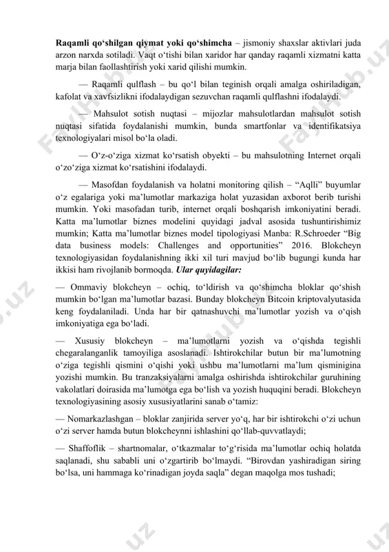 odiyotda bulutli hisoblash bo‘yicha biznes vakillari aktga ehtiyoji bo‘lgan korxonalarga uchta yo‘nalishda xizmatlarni taqdim etadi. jumladan, infratizimni xizmat sifatida (iaas), platformani xizmat sifatida (paas), dasturiy mahsulotlarni xizmat sifatida (saas) o‘z mijozlariga taklif etadi. qizig‘i shundaki, barcha foydalanuvchilar uchun xoh u milliy bo‘lsin, xoh xorijiy o‘z xizmatlarini taklifini bemalol ko‘rsata oladi (cloud security aliance 2009). demak, ta’kidlab o‘tilgan 3 turdagi xizmatlar quyidagi yo‘nalishlar bo‘yicha mijozlarga yetib boradi: jamoat buluti (public cloud)- bulutli xizmat ko‘rsatishning ushbu modeli orqali barcha jamoatchilik uchun ochiq foydalanishga ruxsat etiladi. bunda foydalanuvchilarning xizmatdan foydalanishda xavfsizlik darajasini xizmatni taqdim etgan tomon o‘z zimmasiga oladi, chunki foydalanuvchi tomonidan to‘lov amalga oshiriladi. bunga yaqqol misol sifatida, “amazon web services ec2”ni ko‘rsatish mumkin. — xususiy sektor buluti (private cloud) bunda foydalanuvchi xususiy sektor vakillari bo‘lib, o‘zlarida aktga bo‘lgan ehtiyojlarini minimallashtirish maqsadida foydalanishadi. chunki har qanday kichik korxonalarda akt resurslarini saqlashga, boshqarishga, qo‘llab-quvvatlashga imkoniyat yo‘q. — gibrid buluti (hybrid cloud) bu model …