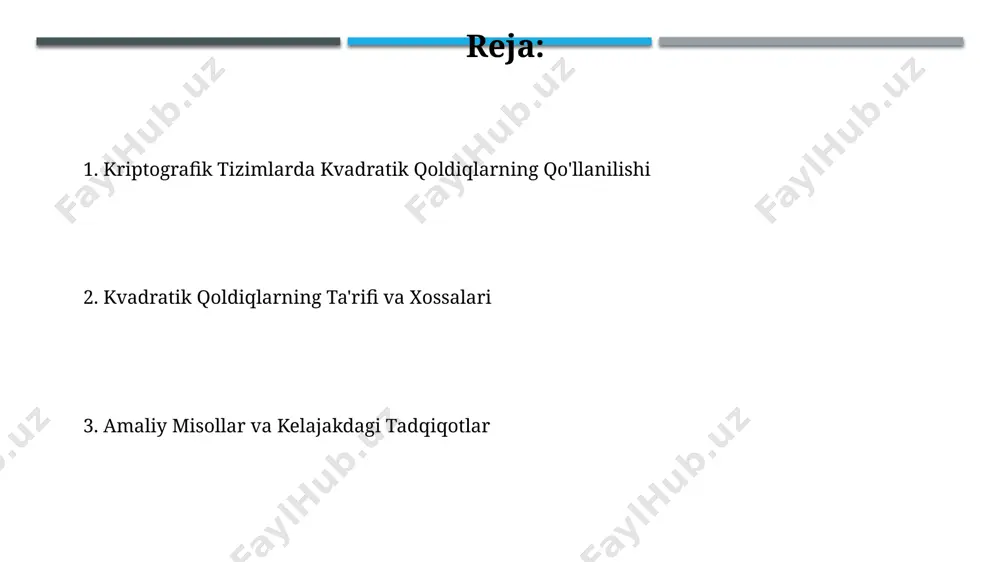 'paytmasi bo'lgan n modulini va euler funksiyasi φ(n) ni ishlatadi, bu esa (p-1)(q-1) ga teng bo'lib, p va q tub sonlardir. kvadratik qoldiqlarning ta'rifi agar p tub soni va a soni p ga nisbatan tub bo'lsa, legendre simvoli (a/p) yordamida a ning p modul bo'yicha kvadrat qoldiq yoki qoldiq emasligini aniqlash mumkin. kvadratik qoldiqlar soni p tub soni uchun (p-1)/2 ga teng bo'lib, ularning aniq qiymati p ning qiymatiga bog'liq. kvadratik o'zaro munosabat qonuni jacobi simvoli, legendre simbolining umumlashtirilgan ko'rinishi bo'lib, n toq soni uchun (a/n) ni hisoblashda n ning tub omillarini hisobga oladi va kvadrat qoldiqlarni aniqlashda qo'llaniladi. kvadratik o'zaro munosabat qonuni eulerning mezonidan kelib chiqadi va -1 ning kvadrat qoldiq yoki qoldiq emasligi haqida ma'lumot beradi. masalan, p=3 uchun -1 kvadrat qoldiq emas. kvadratik qoldiqlarga asoslangan raqamli imzo kvadratik qoldiqlarga asoslangan raqamli imzo sxemalari, masalan, goldwasser-micali sxemasi, ehtimollikka asoslangan va xavfsizlik 256-bitli modulning faktorizatsiyasi murakkabligiga bog'liq. rabin imzo …