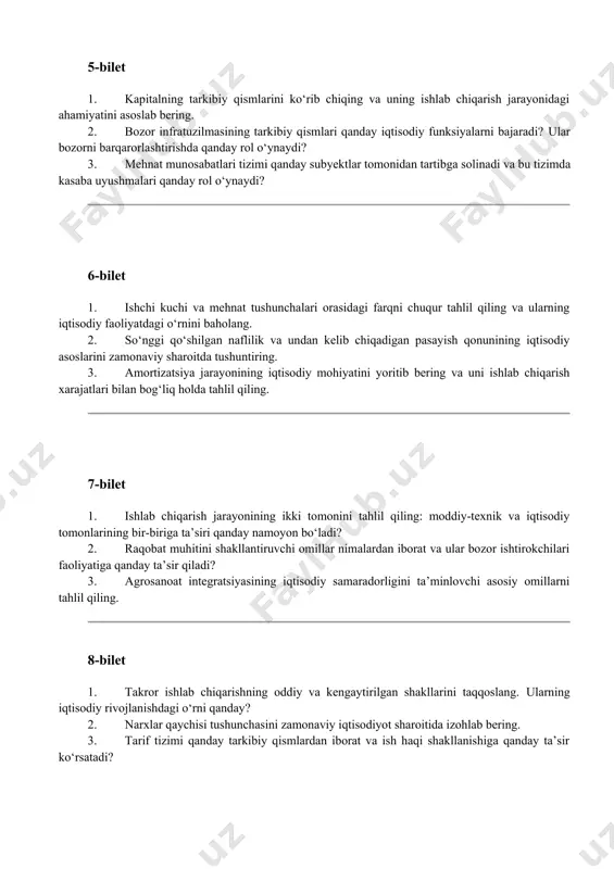 hmalari qanday rol o‘ynaydi? 6-bilet 1. ishchi kuchi va mehnat tushunchalari orasidagi farqni chuqur tahlil qiling va ularning iqtisodiy faoliyatdagi o‘rnini baholang. 2. so‘nggi qo‘shilgan naflilik va undan kelib chiqadigan pasayish qonunining iqtisodiy asoslarini zamonaviy sharoitda tushuntiring. 3. amortizatsiya jarayonining iqtisodiy mohiyatini yoritib bering va uni ishlab chiqarish xarajatlari bilan bog‘liq holda tahlil qiling. 7-bilet 1. ishlab chiqarish jarayonining ikki tomonini tahlil qiling: moddiy-texnik va iqtisodiy tomonlarining bir-biriga ta’siri qanday namoyon bo‘ladi? 2. raqobat muhitini shakllantiruvchi omillar nimalardan iborat va ular bozor ishtirokchilari faoliyatiga qanday ta’sir qiladi? 3. agrosanoat integratsiyasining iqtisodiy samaradorligini ta’minlovchi asosiy omillarni tahlil qiling. 8-bilet 1. takror ishlab chiqarishning oddiy va kengaytirilgan shakllarini taqqoslang. ularning iqtisodiy rivojlanishdagi o‘rni qanday? 2. narxlar qaychisi tushunchasini zamonaviy iqtisodiyot sharoitida izohlab bering. 3. tarif tizimi qanday tarkibiy qismlardan iborat va ish haqi shakllanishiga qanday ta’sir ko‘rsatadi? 9-bilet 1. tovar xo‘jaligi va natural xo‘jalik o‘rtasidagi asosiy farqlarni iqtisodiy mezonlar asosida tahlil qiling. …