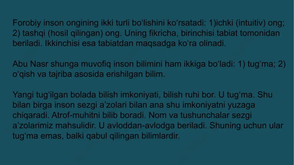 um- kin. bu esa dorivor moddalardan amalda foydalanishni ancha qiyinlashtiradi. aholiga foydalanish oson bo‘lishi uchun modda nomining dialektal variantlarini ham ko‘rsa- tadi. asarning ѵ bobida shunday rivoyat keltiradi. «xorazm amirlaridan biri kasal bo‘lib uzoq qiynaladi. nihoyat nishopurlik bir tabib uning kasaliga nima davo bo‘lishi mumkinligi haqida dorinoma (retsept) yozib yuboradi. bu dorinomani mahalliy dorishunoslarga ko‘rsatadilar. ular tavsiya etilgan bu dorivor o‘simlikni hech aniqlay olmaydilar. shunda bir kishi ular qidirayotgan dorivor o‘simlikni topib berishi mumkinligini, lekin narxi besh yuz dirxam sof kumushdan kam bo‘lmasligini aytadi. amir mulozimlari rozi bo‘lishadi. u kishi mulozimlarga o‘simlik tomirini tutqazadi. bu o‘simlik tomiri o‘zlari har kuni ko‘rib yuradigan oddiy bir chayon o‘t (krapiva) tomiri edi. mulozimlarning jahli chiqib, o‘n besh dirhamga ham olmaydigan shu tomirni besh yuz dirhamga berasanmi? - deb o‘shqiradilar. shunda giyohfurush javob beradi: «dorivor moddalar nomini bilish bebaho boylikdir. sizlar shu o‘simlikning nomini bilmaganliklaringiz tufayli kasalning qanchalar qiy nalishiga sababchi bo‘ldilaringiz, tillo bahosiga …