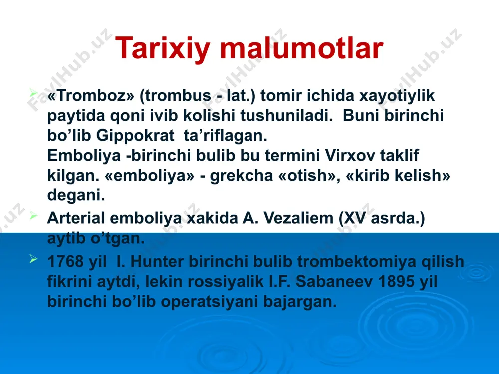 hiq» kuzatilmaydi agar: - bemor yoshi ulug’ bo’lsa - o’tib ketuvchi oqsoqlanish bo’lsa - yurak kasali bo’lmasa - mersal aritmiyasi bo’lmasa diagnoz – o’tkir tromboz. antikogulyantlar angiospazmni bartaraf etish tromboz rivojlanishini oldini olish ogrik tomirlarni kengaytiruvchilar 4 ml 1 % no-shpa yeki 2 ml 2% papaverin tromb 15000 – 20000 ed geparin image1.jpeg image2.png image3.png image4.png image5.png image6.png image7.png image8.png image9.jpeg image10.jpeg image11.jpeg image12.jpeg image13.png image14.jpeg image15.jpeg image16.jpeg image17.png image18.png image19.png image20.png image21.png image22.jpeg image23.png image24.jpeg image25.jpeg image26.jpeg image27.jpeg image28.png image29.png image30.jpeg image31.png image32.png image33.jpeg image34.jpeg image35.jpeg image36.jpeg image37.jpeg image38.jpeg image39.png