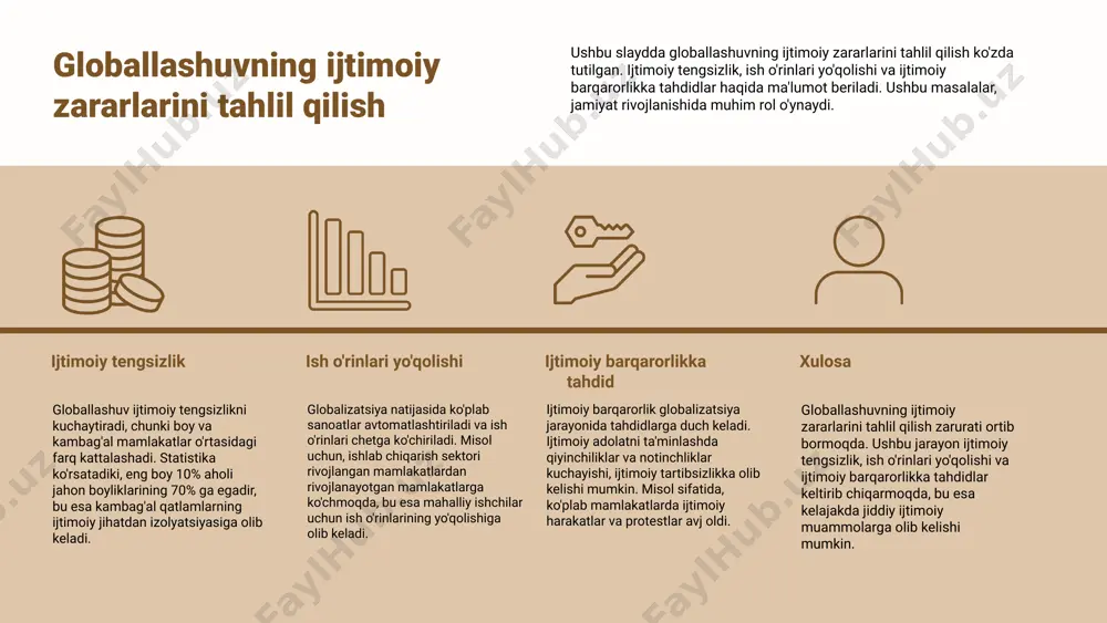 b madaniy o'ziga xosliklarning saqlanishiga tahdid solishi mumkin. madaniy gomogenizatsiya globallashuvning muhim ta'sirlaridan biri bu madaniy gomogenlashuv bo'lib, u erda mahalliy madaniyatlar global brendlar va ommaviy axborot vositalarining hukmronligi tufayli tobora o'xshash bo'lishi mumkin. ushbu hodisa an'anaviy amaliyotlar va tillarni susaytirishi mumkin, bu esa madaniy xilma-xillikning yo'qolishiga olib keladi. shu bilan birga, u madaniyatlar o'rtasida g'oyalar va qadriyatlarni almashish imkonini beradi, o'zaro tushunishni rivojlantiradi. madaniy almashinuv va duragaylash aksincha, globallashuv madaniy almashinuv va duragaylanishni rag'batlantiradi, bu erda turli madaniy elementlar yangi ifoda shakllarini yaratish uchun birlashadi. buni musiqa, oshxona va san'atda ko'rish mumkin, bu madaniyatlar kesishganda paydo bo'ladigan ijodkorlikni namoyish etadi. bunday almashinuvlar jamiyatlarni yangi istiqbollar va amaliyotlarni joriy etish orqali boyitishi mumkin. resilience of local cultures despite the pressures of globalization, many local cultures demonstrate resilience by adapting to changes while maintaining core traditions. this adaptability allows communities to navigate the global landscape without losing their cultural essence. efforts …