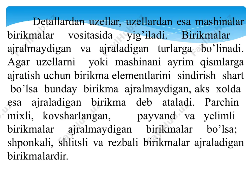 ] 2) eguvchi moment ta’sirida bo’lsa ( rasm, b) bunda: f – cho’zuvchi kuch, n; a – list yuzasi, mm2; b – list eni, mm;  –qalinligi, mm; [p ] – payvand choki uchun ruxsat etilgan kuchlanish; 8 назорат саволлари пайвандлаш ва пайванд чок нима? пайвандлашнинг қандай турлари мавжуд? деталларнинг пайвандлашда бирикма турлари. пайванд бирикмаларнинг афзаллик ва камчиликлари. пайванд қисмининг қайси жойи емирилади? пб мустаҳкамлиги қайси асосий омилларга боғлиқ? учма-уч пайванд бирикмани чўзилиш ва эгилишга ҳисоблаш. устма-уст бурчакли ёнбош ва рўпара чоклар мустаҳкамлиги. ўзаро тик пайвандлашда чокларни мустаҳкамлиги. image2.jpeg image3.jpeg image4.jpeg image5.png image6.wmf image7.wmf oleobject1.bin oleobject2.bin image17.png image8.png image9.png image10.emf 2 6 d s b m w m = = [ ] п s бундай чокларнинг биссектрисаси ор қали ўтган n - n кесимни ўртача уринма кучланиш б ўйича тахминий ҳисобланади. чокнинг мустаҳкамлик шарти:   1 ll2k7,0 f     п  . мустаҳкамлик эҳтиёт коэффициентини ҳисобга …