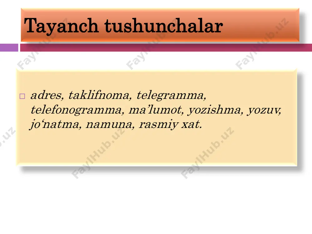 soblanadi. xizmat yozishmalarining boshqa turlari belgilangan manzilga xabarni oʻz vaqtida yetkazilishini ta’minlay olmasa, uni zudlik bilan yetkazish uchun telegrafdan foydalaniladi. telegrammaning zaruriy qismlari 1. hujjatning nomi (telegramma). 2. turi haqidagi belgi (hukumat telegrammalari, xalqaro telegrammalar, shoshilinch va oddiy telegrammalar). 3. telegramma yetib borishi zarur boʻlgan joy adresi, uni oladigan shaxsning ismi va familiyasi. 4. matn. 5. joʻnatuvchi muassasaning qisqacha nomi va matnni imzolagan mansabdor shaxsning familiyasi. 6. xabar joʻnatuvchining adresi. 7. matn kimning nomidan joʻnatilayotgan boʻlsa, oʻsha shaxsning imzosi. 8. muhr. 9. sana. telefonogramma telefonogramma shoshilinch xabarning matnini belgilangan joyga telefon orqali yetkazishdir. telefon vositasida boʻladigan bunday muloqot rasmiy hujjat sifatida qabul qilinadi va ish qogʻozining bir turi hisoblanadi. telefonogrammaning asosiy zaruriy qismlari: 1. adres. 2. hujjatni yoʻllovchi muassasaning nomi. 3. telefonogrammani yetkazuvchi va qabul qiluvchining lavozimi, ismi, familiyasi, telefon raqamlari. 4. qabul qilish vaqti. 5. nomi. 6. tartib raqami. 7. sana. 8. matn. 9. imzo chekkan shaxs. amaliy topshiriqlar …