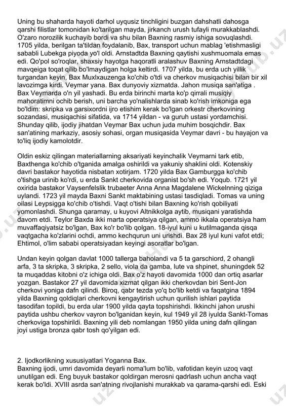 uni barcha yo'nalishlarda sinab ko'rish imkoniga ega bo'ldim: skripka va garsixordni ijro etishim kerak bo'lgan orkestr cherkovining sozandasi, musiqachisi sifatida, va 1714 yildan - va guruh ustasi yordamchisi. shunday qilib, ijodiy jihatdan veymar bax uchun juda muhim bosqichdir. bax san'atining markaziy, asosiy sohasi, organ musiqasida veymar davri - bu hayajon va to'liq ijodiy kamolotdir. oldin eskiz qilingan materiallarning aksariyati keyinchalik veymarni tark etib, baxthenga ko'chib o'tganida amalga oshirildi va yakuniy shaklini oldi. kotenskiy davri bastakor hayotida nisbatan xotirjam. 1720 yilda bax gamburgga ko'chib o'tishga urinib ko'rdi, u erda sankt cherkovida organist bo'sh edi. yoqub. 1721 yil oxirida bastakor vaysenfelslik trubaeter anna anna magdalene wickelnning qiziga uylandi. 1723 yil mayda baxni sankt maktabining ustasi tasdiqladi. tomas va uning oilasi leypsigga ko'chib o'tishdi. vaqt o'tishi bilan baxning ko'rish qobiliyati yomonlashdi. shunga qaramay, u kuyovi altnikkolga aytib, musiqani yaratishda davom etdi. teylor baxda ikki marta operatsiya qilgan, ammo ikkala operatsiya ham muvaffaqiyatsiz bo'lgan, …