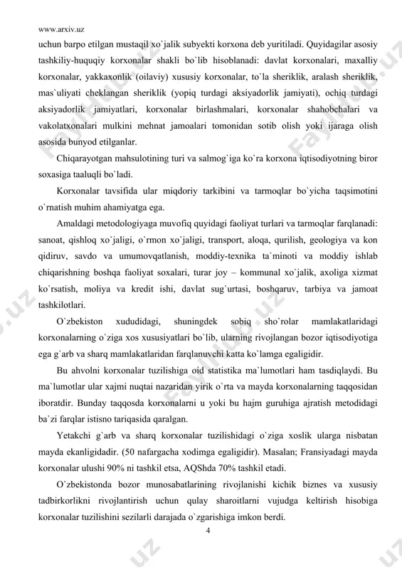 va sharq mamlakatlaridan farqlanuvchi katta ko`lamga egaligidir. bu ahvolni korxonalar tuzilishiga oid statistika ma`lumotlari ham tasdiqlaydi. bu ma`lumotlar ular xajmi nuqtai nazaridan yirik o`rta va mayda korxonalarning taqqosidan iboratdir. bunday taqqosda korxonalarni u yoki bu hajm guruhiga ajratish metodidagi ba`zi farqlar istisno tariqasida qaralgan. yetakchi g`arb va sharq korxonalar tuzilishidagi o`ziga xoslik ularga nisbatan mayda ekanligidadir. (50 nafargacha xodimga egaligidir). masalan; fransiyadagi mayda korxonalar ulushi 90% ni tashkil etsa, aqshda 70% tashkil etadi. o`zbekistonda bozor munosabatlarining rivojlanishi kichik biznes va xususiy tadbirkorlikni rivojlantirish uchun qulay sharoitlarni vujudga keltirish hisobiga korxonalar tuzilishini sezilarli darajada o`zgarishiga imkon berdi. ishlab chiqarish vositalari bozori qatnashchilarining muhim xususiyatlari bo`lib ularni mulk u yoki bu turiga taaluqli ekanligi hisoblanadi. rasmiy statistikada, odatda, davlat sektori, kooperativ va xususiy (shaxsiy) sektor bir-biridan farqlanadi. garchi, bugungi kunda, korxonalarni mulk shakliga ko`ra farqlanishi bo`yicha ishonchli va to`liq statistik ma`lumot mavjud bo`lmasa-da, unda shu narsa ayonki, davlat sektori barcha ko`rsatkichlar bo`yicha, …
