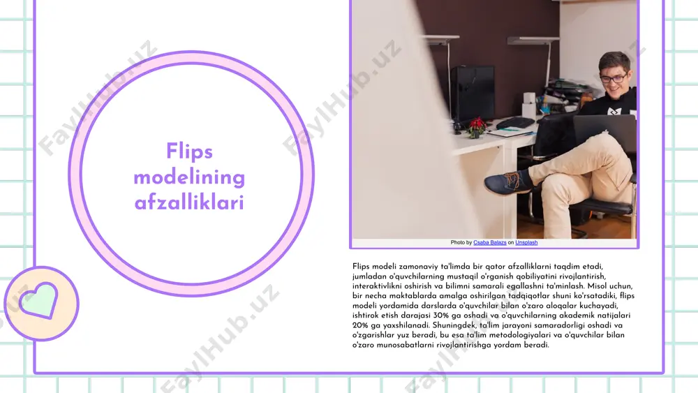 ma'lumotlar flips modelining ta'lim jarayonidagi samaradorligini ko'rsatadi, shuningdek, talabalar va o'qituvchilar o'rtasida mustahkam aloqa o'rnatishga yordam beradi. universitetda flips modelining qo'llanilishi photo by csaba balazs on unsplash xulosa flips egri chizigʻi modeli ta'lim jarayonida o'quvchilarni faollashtirishda muhim rol o'ynaydi. ushbu modelning afzalliklari orasida o'quvchilarning mustaqil o'rganish qobiliyatini oshirish va o'qitish jarayonini samaraliroq qilish kiradi. biroq, o'qituvchilar uchun qo'shimcha yuk va talabalar orasidagi farqlar kabi kamchiliklar ham mavjud. umuman olganda, flips modeli zamonaviy ta'limda samarali yondashuv sifatida o'z o'rnini topmoqda. photo by smartworks coworking on unsplash e'tiboringiz uchun rahmat! image1.png image2.png image3.png image4.png image14.jpg image15.jpg image5.png image6.png image7.png image8.png image9.png image10.png image11.png image12.png image13.png