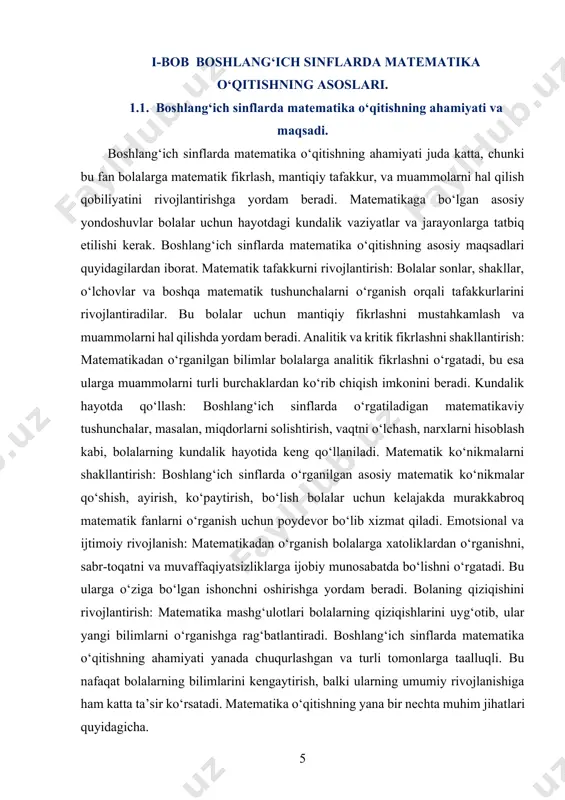 qilingan mashqlar va amallar bolalarning diqqatini jamlashni, mantiqiy fikrlashni va tez fikrlashni o‘rgatadi. bu, o‘z navbatida, bolalar uchun yuqori darajadagi diqqatni va tez fikrlashni talab qiladigan boshqa fanlar yoki vazifalarda muvaffaqiyatli bo‘lishiga yordam beradi. jamoada ishlash va ijtimoiy ko‘nikmalarni rivojlantirish: matematik o‘yinlar, guruhli vazifalar va mashg‘ulotlar orqali bolalar o‘zaro muloqot qilishni, fikr almashishni va birgalikda ishlashni o‘rganadilar. bu ularga ijtimoiy muhitda o‘zaro aloqalarni o‘rnatishda yordam beradi. 1.2. matematika o‘qitishning metodikasi va pedagogik asoslari. matematika o‘qitishning metodikasi va pedagogik asoslari, matematika fanini o‘quvchilarga samarali va qiziqarli tarzda o‘rgatish uchun muhim prinsiplar va yondoshuvlarni o‘z ichiga oladi. bu o‘qituvchining o‘quvchilarga bilim berish, ularni turli matematik tushunchalar bilan tanishtirish va o‘rgatish jarayonini tashkil etishning to‘g‘ri yo‘llarini belgilaydi. matematika o‘qitishning metodikasi matematika bilimlarini o‘rgatishning maqsadli va tizimli usullarini o‘z ichiga oladi. uning asosiy vazifasi o‘quvchilarda matematik bilim, ko‘nikmalar va kompetensiyalarni rivojlantirishdan iborat. matematika o‘qitish metodikasining asosiy tamoyillari va yondoshuvlarini quyidagi jihatlar bilan tushuntirish mumkin. …