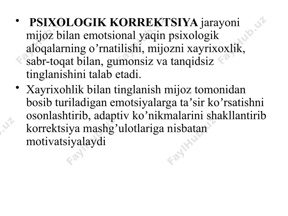harakterlovchi belgilari bo‘yicha yaqin bo‘lgan ma’lum guruxlar ko‘rinishida tasavvur etamiz. psixologik korrektsiya quyidagilar bilan xarakterlanadi: - psixologik yordamni orqaga surishning mumkin emasligi; - suitsidal xulq-atvorning shakllanishiga olib keluvchi moslashmagan psixologik ustanovkalarni aniqlash va korrektsiyalashga yoʼnalganligi; - ijtimoiy-psixologik moslashuvchanlik darajasini oshiruvchi, shuningdek, individ barqarorligi va shaxsiy yuksalishini taʼminlovchi, dolzarb shaxslararo nizolarni hal etishning bundan oldin sinovdan oʼtmagan usullarini izlab topish va treningini amalga oshirish. psixologik korrektsiyaning bir necha shakl va bosqichlari mavjud odatda uning uchta asosiy bosqichi farqlanadi: - psixologik qoʼllab-quvvatlash; - psixologik aralashuv; - ijtimoiy-psixologik moslashuv darajasini yuksaltirish deviant oʼsmirlar bilan ishlashning umumiy tamoyillarini quyidagilar tashkil etadi: - birinchi lahzadan empatik, intensiv-emotsionalь xayrixohli tusni, mijozga nisbatan norasmiy munosabatni oʼrnatish; - oʼsmirning istaklari, qoʼrquvi, tashvishlarining bartaraf boʼlishiga imkon berish; - imkoniyatlarni faollashtirish; - anonimlik talabiga rioya etish. birinchi davr – psixologik aloqaning oʼrnatilishi, oʼsmirning xayrixoxlik, sabr-toqat bilan, gumonsiz va tanqidsiz tinglanishini talab etadi. unda psixologning psixologik korrektsiya, ayniqsa oʼsmirlar muammolari masalalarida …