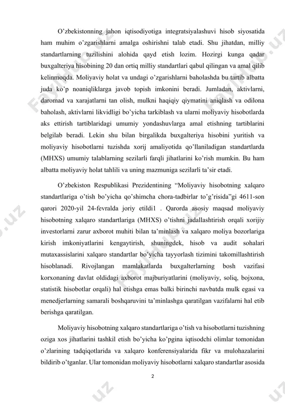 nedjerlarning samarali boshqaruvini ta’minlashga qaratilgan vazifalarni hal etib berishga qaratilgan. moliyaviy hisobotning xalqaro standartlariga o’tish va hisobotlarni tuzishning oziga xos jihatlarini tashkil etish bo’yicha ko’pgina iqtisodchi olimlar tomonidan o’zlarining tadqiqotlarida va xalqaro konferensiyalarida fikr va mulohazalarini bildirib o’tganlar. ular tomonidan moliyaviy hisobotlarni xalqaro standartlar asosida tuzish, hisobini tashkil etish va yuritishning holati yuzasidan o’ziga tegishli davrda xususiyatlarini ochib berishgan. “moliyaviy hisobotlarning xalqaro standartlari (mhxs) - bu amaliyotchi buxgalterlarning faoliyatini murakkablashtiradigan ba’zi bir qoidalar to’plami emas, balki, mantiqan buxgalteriya hisobi tizimining oddiy tamoyillariga asoslanadi, uning maqsadi moliyaviy hisobotlarda korxona faoliyati to’g’risida haqqoniy moliyaviy ma’lumotlarni taqdim etishdan iboratdir.”2 xususan d. norbekov i. ochilovlar “moliyaviy hisobotni xalqaro standartlari” darsliklarida moliyaviy hisobotlarni xalaqaro standartlar asosida tuzish hamda korxonalar “foyda va zararlar to’g’risida”gi hisobotida yoki unga berilgan izohlarida xarajatlarning xarakteri yoki ularning korxona doirasidagi funksiyalariga asoslangan xarajatlar tasnifidan foydalangan holda xarajatlar tahlilini keltirishlari lozimligini ta’kidlab o’tganlar.3 sh.muzrapova “moliyaviy hisobotlarni xalqaro standartlari asosida moliyaviy hisobotlarni tuzish …
