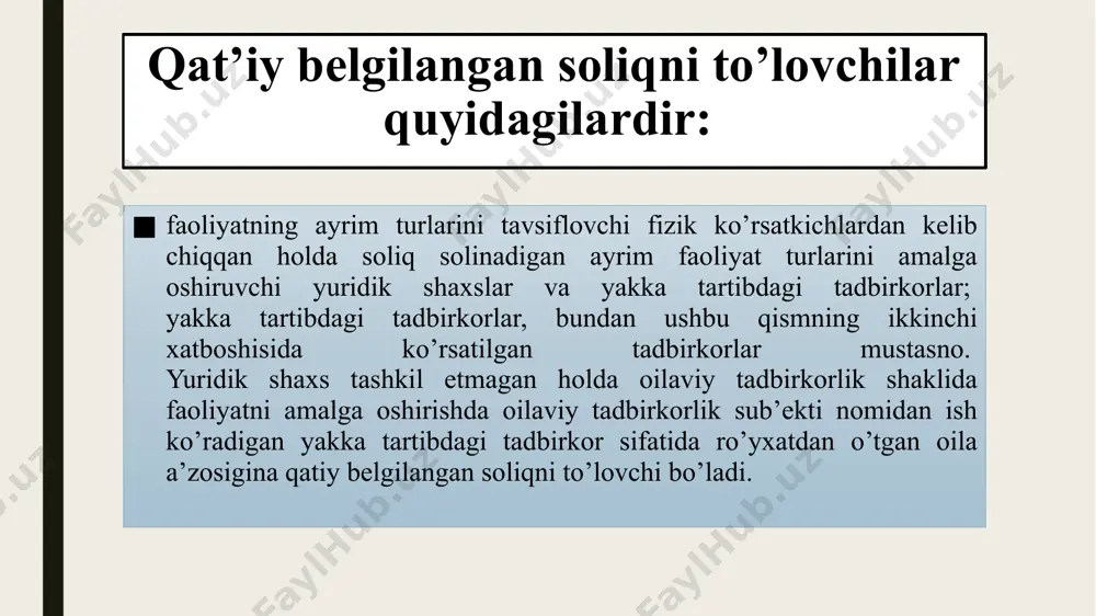 ’yxatidan o’tkazishni amalga oshiruvchi organning yakka tartibdagi tadbirkorning faoliyati vaqtinchalik to’xtatilganligi to’g’risida taqdim qilingan va davlat soliq xizmati organlari tomonidan olingan axborot yakka tartibdagi tadbirkor o’z faoliyatini amalga oshirmaydigan davr uchun qat’iy belgilangan soliqni hisoblashni to’xtatib turish uchun asos bo’ladi. savdo faoliyatini amalga oshiruvchi yakka tartibdagi tadbirkorlar tomonidan qat’iy belgilangan soliqni qo’llashning o’ziga xos xususiyatlari (soliq kodeksining 374-moddasi) savdo faoliyatini amalga oshiruvchi yakka tartibdagi tadbirkorlar daromadlarni va tovar operatsiyalarini hisobga olish registrlarida daromadlarning hamda amalga oshirilgan tovar operatsiyalarining hisobini yuritishlari shart. daromadlarni va tovar operatsiyalarini hisobga olish registrlari quyidagilardir: chakana savdo faoliyati bilan shug’ullanuvchi yakka tartibdagi tadbirkorning daromadlarni va tovar operatsiyalarini hisobga olish daftari; tovar cheklari daftari. daromadlarni va tovar operatsiyalarini hisobga olish registrlarining shakli o’zbekiston respublikasi davlat soliq qo’mitasi tomonidan tasdiqlanadi. daromadlarni va tovar operatsiyalarini hisobga olish registrlari yakka tartibdagi tadbirkorni soliq bo’yicha hisobga olish joyidagi davlat soliq xizmati organlari tomonidan yakka tartibdagi tadbirkorning arizasi asosida ro’yxatdan o’tkaziladi. daromadlarni …
