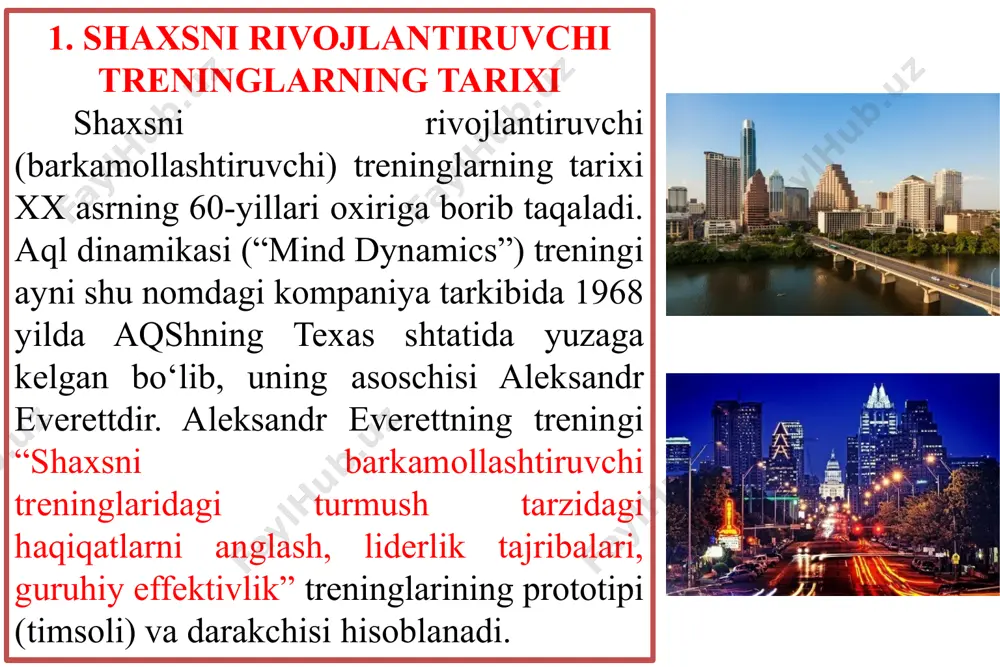 treningni o‘tkazuvchi trener bilan muloqotda bo‘lish – bu boshqalar shaxsni qanday qabul qilishi, shaxs haqida boshqalarning fikrlari va samimiy munosabatlari asosida shaxsiy istaklarni o‘zgartirishga imkon beruvchi kamdan-kam uchraydigan va eng qulay usulidir 10 trening jarayonidagi muloqot – bu yangi do‘stlar orttirish, o‘zining ikkinchi bo‘lagini topish uchun haqiqiy real imkondir. 8 shaxsni barkamollashtiruvchi treninglar – turli toifadagi, turli qiziqishdagi kishilar bilan tanishish, ularning tajribalari bilan tanishish, hayotda, ishda, ijodda asqotadigan yangi g‘oyalar olish imkonini beradi. 11 trening jarayonidagi muloqot – bu yolg‘izlikdan qutulish, o‘zining ruhiy olamiga yaqin bo‘lganlar orasiga kirish, hayotiy muhim va foydali bo‘lgan kontaktlarni kengaytirish imkonini beradi. 13 shaxsni barkamollashtiruvchi treninglar – bu o‘ziga xos hayotiy tasavvurlarni tozalashga yordam beruvchi, kundalik ikir-chikirlar va hovliqishlardan hosil bo‘lgan ko‘ngildagi zararli “qatlam”larni tozalovchi o‘zi xos dush hisoblanib, hayotni go‘zallashtirish, qiziqarliroq qilishga imkon beradi. 14 shaxsni barkamollashtiruvchi treninglar dunyoga nisbatan anchagina ruhiy yaqinlikni, do‘stona munosabatni hosil qilishga yordam beradi. 12 shaxsni barkamollashtiruvchi treninglar …