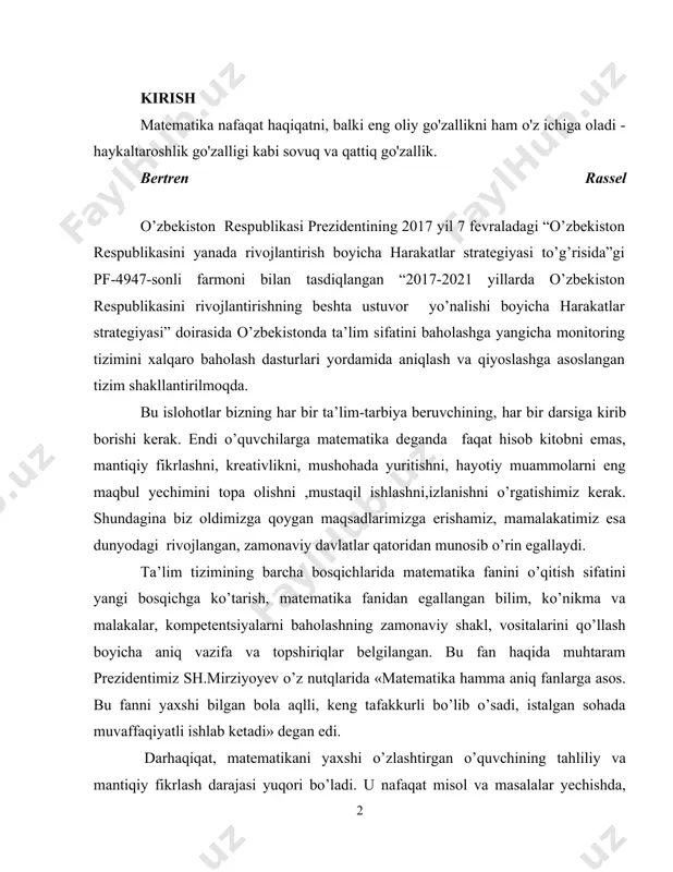 sh, matematika fanidan egallangan bilim, ko’nikma va malakalar, kompetentsiyalarni baholashning zamonaviy shakl, vositalarini qo’llash boyicha aniq vazifa va topshiriqlar belgilangan. bu fan haqida muhtaram prezidentimiz sh.mirziyoyev o’z nutqlarida «matematika hamma aniq fanlarga asos. bu fanni yaxshi bilgan bola aqlli, keng tafakkurli bo’lib o’sadi, istalgan sohada muvaffaqiyatli ishlab ketadi» degan edi. darhaqiqat, matematikani yaxshi o’zlashtirgan o’quvchining tahliliy va mantiqiy fikrlash darajasi yuqori bo’ladi. u nafaqat misol va masalalar yechishda, balki hayotdagi turli vaziyatlarda ham tezkorlik bilan qaror qabul qilish, muhokama va muzokara olib borish, ishlarni bosqichma-bosqich bajarish qobiliyatlarini o’zida shakllantiradi. shuningdek, matematiklarga xos fikrlash uni kelajakda amalga oshirmoqchi bo’lgan ishlar, tevarak-atrofda sodir bo’layotgan voqea-hodisalar rivojini bashorat qilish darajasiga olib chiqadi. matematikaning hayotimizda tutgan beqiyos o’rni inobatga olingan holda bu fan birinchi sinfdanoq maktab darsliklariga kiritilgan bo’lib, yurtimizda barcha aniq fanlar qatori matematika ta’limini zamon talablari asosida takomillashtirib borish, uni o’qitishda eng so’nggi pedagogik va innovatsion usullar, multimedia vositalari hamda axborot-kommunikatsiya texnologiyalarini …