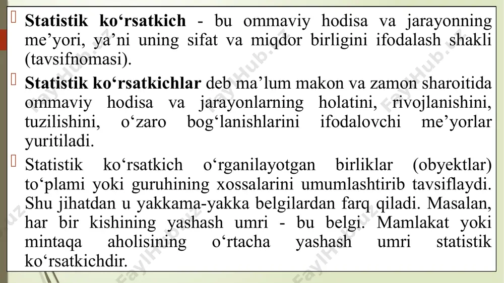 ing eng muhim belgisiga qarab shartli birlik qabul qilinadi va unga boshqa hodisalarni ushbu qiymatlari orasidagi nisbatlarga asosan keltirish koeffitsiyentlari tuziladi. bu koeffitsiyentlarga tegishli hodisalarning jismoniy sonini ko‘paytirib, ularning shartli-natura birliklarida ifodalangan umumiy miqdori aniqlanadi. shartli natura o‘lchov birliklari yordamida har xil jinsli (turli) hodisalarni o‘lchab bo‘lmaydi, chunki bu holda ular uchun umumiy muhim belgi topilmaydi, demak aylantirish koeffitsyentlarini tuzib bo‘lmaydi. bunday hollarda hodisalarning umumiy miqdori pulda bozor baholari yordamida ifodalanadi. fermer xo’jaliklarini daromad manbalari n faoliyat turi mahsulot miqdori sotish narxi daromad ming so’mda daromadlarni ulushi 1 g’alla 1500 t 2000 3 000 000 29,36 2 paxta 1000 t 7000 7 000 000 68,52 3 bog’dorchilik 2 t 8000 16 000 0,16 4 baliqchilik 5 t 40000 200 000 1,96 jami 25 07 t 10 216 000 100 n faoliyat turi g’allaga nisbatan faoliyatlarni farqi g’allaga nisbatan daromadlarni farqi 1 g’alla - - 2 paxta 500 t kam 4 …