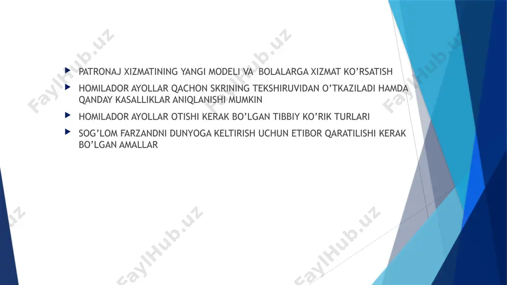 platsentar yetishmaslik, homila rivojlanishining orqada qolishi, homilaning o‘smay qolishi. ikkinchidan, tug‘ilajak bolada irsiy va boshqa nuqsonlar bor-yo‘qligini aniqlash. bosh miya, yurak, umurtqa pog‘onasi, qo‘l-oyoqlardagi nuqsonlar, daun sindromi va boshqa ko‘pgina nuqsonlarni aniqlash uchun. prenatal skrining 5 turdan iborat: ultratovush yordamida tekshiruv; biokimyoviy analiz; immunologik (homilaning rivojlanishiga putur yetkazadigan torch-infeksiyalarga tekshirish: qizilcha, gerpes, sitomegalovirus, toksoplazmoz, xlamidioz); sitogenetik analiz (qo‘shimcha ko‘rsatmalar asosida qilinadi); molekulyar ( juda kam uchraydigan irsiy kasalliklarda qilinadi). birinchi skrining homila rivojlanishining 10—13 hafta oralig‘ida qilinadi. bunda umumiy qon analizi, umumiy siydik analizi, biokimyoviy analiz, torch infeksiya analizi, utt va yana qo‘shimcha tekshiruvlar holatga qarab qilinadi. asosiy vazifa: homilador ayolning salomatligini, ya’ni bolaning sog‘lom rivojlanishiga zarar yetkazishi mumkin bo‘lgan kasalliklar bor-yo‘qligini aniqlash; bolada nuqsonlar yo‘qligini aniqlash; barcha homilador ayollar tekshiriladi. uttda homilaning rivojlanishi: oyoq-qo‘llar mavjudligi, ular to‘g‘ri joylashganligi, ichki a’zolarning mavjudligi, bosh aylanasi — bu miya shakllanishini baholashga imkon beradi, bolaning uzunligiga qarab o‘sish surati baholanadi va homila haftasi …