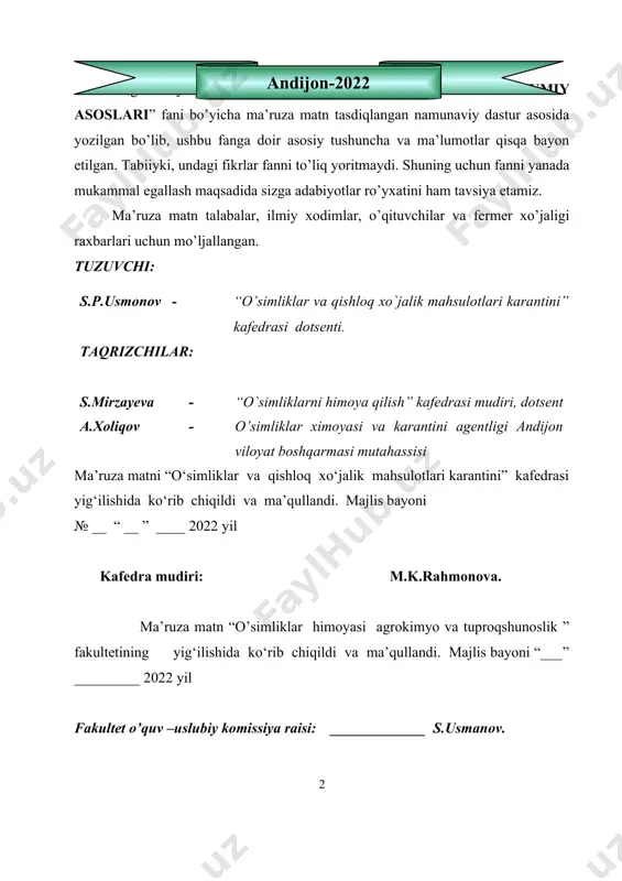 shini aniqlash usullari. 2 1. karantin organizmlarni qirib tashlashda qo`llaniladigan vositalar 2 1. ekspertiza usullari va jihozlari bilan tanishuv 2 1. ekspertiza namunalarini olish tartibi bilan tanishuv 2 1. g’o’zani karantin organizmlari bilan tanishuv 2 1. g’o’zani karantin organizmlari ekspertizasi 2 1. g’allani karantin zararli organizmlari bilan tanishuv 2 1. g’allani karantin zararli organizmlari ekspertizasi 2 1. don o’simliklarni karantin zararli organizmlari bilan tanishuv 2 1. don karantin zararli organizmlari ekspertizasi 2 1. dukkakli o’simliklarni karantin zararli organizmlari bilan tanishuv 2 1. dukkaklilar karantin zararli organizmlari ekspertizasi 2 1. sabzavot ekinlarini karantin zararli organizmlari 2 1. sabzavot ekinlari mahsulotlarini karantin ekspertizasi 2 1. poliz ekinlarini karantin zararli organizmlari 2 1. poliz ekinlari mahsulotlarini karantin ekspertizasi 2 1. kartoshka ekinini karantin organizmlari va ekspertizasi bilan tanishuv 2 1. mevali daraxtlarni karantin organizmlari bilan tanishuv 2 1. mevali daraxtlarni karantin ekspertizasi 2 1. tokning karantin organizmlari bilan tanishuv 2 1. sitrus o’simliklarini …