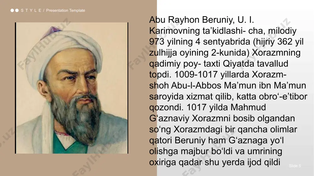 nadi.uning fikricha, savt va harf paydo bo‘lishiga ko‘ra o‘zaro umumiy va shu bilan birga, o‘ziga xos belgilarga ega. umumiyligi shundaki, har ikkisi jismning qisilishi yoki ochilishi natijasida havoning tebranishi tufayli hosil bo‘ladi. o‘ziga xos tomoni shundaki, harf nutq organlari tomonidan talaffuz qilinadi. asarda ta’kidlanishicha, harf - bu balandlik va ton bo‘yicha o‘xshash tovushlarning eshitilish jihatidan bir-biridan farqlanuvchi turidir. ibn sino nutq tovushlarini hosil qiluvchi uch ji hatni ko‘rsatib o‘tadi: 1. ko‘krak qafasida paydo bo‘ladigan diafragma va ko‘krak muskullari orqali harakatga keladigan havo to‘lqini. 2. havo to‘lqinining nutq organlarining turli nuqtasida to'siqqa uchrashi . 3. tovushga turlicha tembr ottenkasi beradigan va turli akustik belgi (masalan, dinai «aks sado», gunna «nazal- lik») hosil qiladigan rezonator e'tiboringiz uchun rahmat style/presentation template image2.jpeg image3.png image1.jpeg image4.jpeg image5.jpeg image6.jpeg