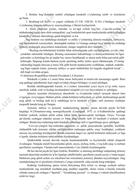 “quloq cho’zma”, “xo’rozlar jangi”, “to’qqiz tosh” (qizlar o’yini), “gardkam” (oshiq o’yinlari) kabi xilma-xil qiziqarli o’yinlar ham o’rin olgan. harakatli o’yinlarning mazmunlarini yozib olish, ularni yoshlarga o’rgatish masalalari asosan xix asrning ikkinchi yarmiga to’g’ri keladi. bunda rus sayyohlari, arxeologik va tarixiy qidiruv ishlarini olib boruvchi olimlarning rolini tan olish kerak bo’ladi. l.bajenko (1840), a.borj (1848), g.vamper (1877), a.arandarenko (1889) kabilarning xizmati kattadir. xx asr boshlarida arxeologik va tarix sohasidagi olimlar v.bartolьd, a.vinogradov, s.p.tolstov, a.shishkin hamda o’zbekiston arxeologi ya.g’ulomov kabilar harakatli o’yinlarga katta e’tibor berishgan. e’tirof etish lozimki, sobiq sovetlar hokimiyati yillarida (1917-1991) harakatli o’yinlar bo’yicha bir qator to’plamlar nashr etilib, ular asosan o’quv yurtlarining muhim o’quv qo’llanmalari sifatida xizmat qildi. lekin ularning tarkibida o’zbek xalq milliy harakatli o’yinlari umuman uchramaydi. rus tilidagi harakatli o’yinlarini tarjima qilib, uning mazmunini milliy harakatli o’yinlar bilan to’ldirgan va ilk bor (1963) nashrdan chiqarganlar t.s.usmonxo’jaev va h.tojiboevlar edi. so’nggi yillarda, ayniqsa mustaqillik yillari davrida “harakatli o’yinlar” …