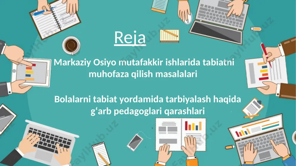 aqil o‘rganadigan muhit tarafdori bo‘lgan. tabiatni bolada tinchlik, tartib, quvnoqlik va kuzatuvchanlikni rivojlantiruvchi vosita deb hisoblagan john dewey (1859–1952) amaliy o‘rganishga urg‘u bergan. tabiat orqali bola muammoni hal qilishni, fikrlashni va tajriba orttirishni o‘rganadi degan. etibor uchun rahmat image1.jpeg image2.jpeg image3.jpeg