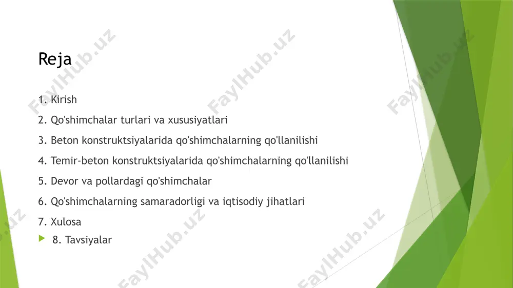 ri va xususiyatlari beton konstruktsiyalarida qo'shimchalarning qo'llanilishi juda keng tarqalgan. ular betonning mustahkamligini, suv o'tkazmasligini, sovuqqa chidamliligini va boshqa xususiyatlarini yaxshilashga yordam beradi. betonning qurilish jarayonini tezlashtirish uchun ham maxsus qo'shimchalardan foydalaniladi. qo'shimchalarning turi va miqdori betonning tarkibi va qo'yilgan talablarga bog'liq. beton qo'shimchalari beton aralashmasiga qo'shilishidan oldin yaxshilab aralashtiriladi. to'g'ri qo'llanilganda, beton qo'shimchalari beton konstruktsiyalarining sifatini va chidamliligini sezilarli darajada yaxshilaydi. biroq, noto'g'ri tanlangan yoki noto'g'ri qo'llanilgan qo'shimchalar betonning sifatini pasaytirishi mumkin. shuning uchun qo'shimchalarni tanlash va qo'llashda ehtiyotkorlik kerak. beton konstruktsiyalarida qo'shimchalarning qo'llanilishi temir-beton konstruktsiyalarida qo'shimchalar po'lat armaturaning korroziyasini oldini olish va betonning mustahkamligini oshirish uchun qo'llaniladi. korroziyaga qarshi himoya qiluvchi qo'shimchalar po'lat armaturaning yemirilishiga yo'l qo'ymaydi. bu esa konstruktsiyaning xizmat muddatini sezilarli darajada uzaytiradi. qo'shimchalar betonning plastifikator xususiyatlarini ham yaxshilaydi. bu esa betonni qulayroq ishlash imkonini beradi. temir-beton konstruktsiyalarida qo'llaniladigan qo'shimchalar turli xil kimyoviy birikmalardan tashkil topgan bo'lishi mumkin. ularning tanlanishi konstruktsiyaning turi va ishlash sharoitlariga bog'liq. …