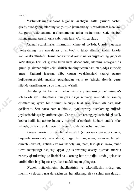 . har bir rahbar, boshqaruv muassasalarining xodimlari, umuman, faoliyati munshiylik bilan bog‘liq har bir kishi o‘zbek tilining imlosini, tinish belgilari va uslubiy qoidalarini egallagan bo‘lishi kerak. busiz bugungi taraqqiyotimiz talablariga javob beradigan aniq, lo‘nda va teran mantiqli hujjatchilikni yaratib bo‘lmaydi. hisob-kitoblarga qaraganda, boshqaruv sohasidagi xizmatchilar o‘z ish vaqtlarining 80 foizcha qismini hujjatlashtirish ishiga sarflar ekanlar. ish yuritish o‘zbek tilida olib borilar ekan, agar mazkur xodimlar o‘zbek tili qonuniyatlaridan yaxshi xabardor bo‘lmasalar, ular ish vaqtlarining hammasini — 100 foizini bu ishga sarflaganlarida ham, ijobiy natijaga erishish qiyin. o‘zbek hujjatchiligidagi chala, oqsoq o‘rinlardan biri ayrim hujjatlarning nomlanishi masalasidir. bir necha tur hujjatlar rus tilida q anday nomlansa, o‘zbek tilida ham shundayligicha nomlab kelingan. ish yurtitish asosan rus tilida olib borilganligi uchun ham bunga ehtiyoj bo‘lmagan chog‘i. uzoqqa bormay mavzuimiz nomini olaylik. «ish yuritish» degan atama ruscha «делопроизводство» so‘zidan tarjima qilinib tilimizga olib kirilgan. vaholanki, ma’lum bo‘lishicha, tariximizda saroy va umuman yirik mahkamalarda …