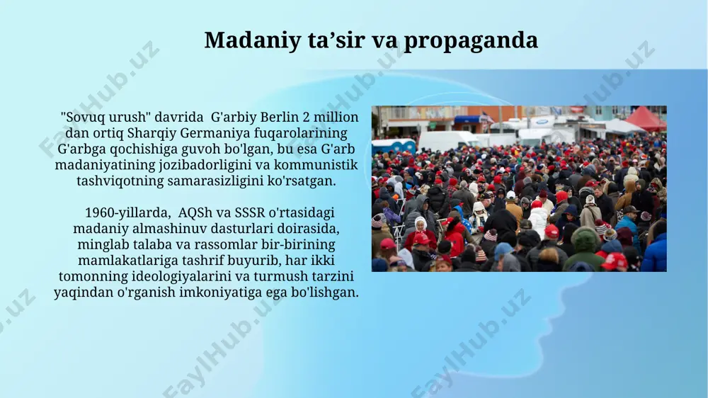 inson qo'nishini amalga oshirdi va bu aqshning kosmik poygada muhim yutuqlaridan biri bo'ldi, ammo bu poyga milliardlab dollar sarflanishi bilan hamroh bo'ldi. kosmik poyga davrida ikkala mamlakat ham raketa texnologiyalarini rivojlantirishda katta yutuqlarga erishdi, masalan, sovet ittifoqining "soyuz" va aqshning "saturn v" raketa tizimlari yerning orbitasiga og'ir yuklarni tashish imkonini berdi. de-kolonizatsiya va sovuq urush de-kolonizatsiya jarayoni natijasida yevropa kuchlari ta'sirining pasayishi bilan birga, 15 dan ortiq yangi davlatlar bmtga a'zo bo'lib, sovuq urushning global miqyosini kengaytirdi. aqsh va sssr o'zining ideologiyasini targ'ib qilish uchun yangi mustaqil davlatlarga iqtisodiy va harbiy yordam taklif qildi, masalan, 1960-yillardagi kongo inqirozi ikki tomonlama raqobatning aniq namunasidir. sovuq urushning tugashi va natijalari germaniyaning qayta birlashuvi 1990-yilda sodir bo'lib, yevropada ikki qutbli dunyo tartibining tugashini va g'arbiy siyosiy tizimning sharqqa kengayishini belgilab berdi. sovuq urushning tugashi jahon iqtisodiyotiga chuqur ta'sir ko'rsatdi, global savdo hajmi 20% ga o'sdi va jahon savdo tashkiloti kabi yangi xalqaro tuzilmalar …