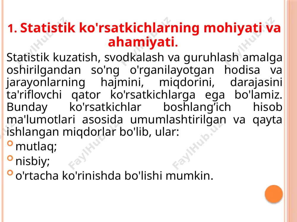 y bajarilgan ko'rsatkich. 1-misol. korxonada 2013 yilda 210 mln.so’mlik maxsulot ishlab chiqarish majburiyati olingan bo’lib, u 215 mln. so’mlik qilib bajarilgan va 2014 yilda esa 220 mln. so’mlik maxsulot ishlab chiqarish rejalashtirilgan. shartnoma majburiyati nisbiy miqdorini hisoblang. echish. ya’ni avvalgi yilga nisbatan 2,33 foiz ko’p maxsulot ishlab chiqarish rejalashtirilgan. 2. buyurtma (shartnoma) bajarilishi nisbiy miqdori muayyan davr ichida shartnomadagi topshiriqlarning qay darajada bajarilganligini tavsiflaydi. buning uchun haqiqiy bajarilgan ko'rsatkich buyurtmadagi ko'rsatkich bilan taqqoslanadi. rtnm – buyurtma (shartnoma) bajarilishi nisbiy miqdori; d1 – joriy davrda haqiqiy bajarilgan daraja; dbt – buyurtmadagi topshiriq darajasi. 2-misol. konditer fabrikasi va supermarket o’rtasida tuzilgan shartnomaga binoan, konditer fabrikasi supermarketga 1 chorakda 12 tonna shokolad, 9 tonna karamel etkazib berishi kerak. haqiqatda etkazib berilgan mahsulot tegishli ravishda 10 va 11 tonnani tashkil qilgan. bu erdan, rtn/m: bazisli yoki zanjirsimon nisbiy miqdorlarni qo'llash tahlil oldida qo'yilgan maqsadga bog’liq. agar faqat bazis davrga nisbatan keyingi davrlar darajasi qancha …