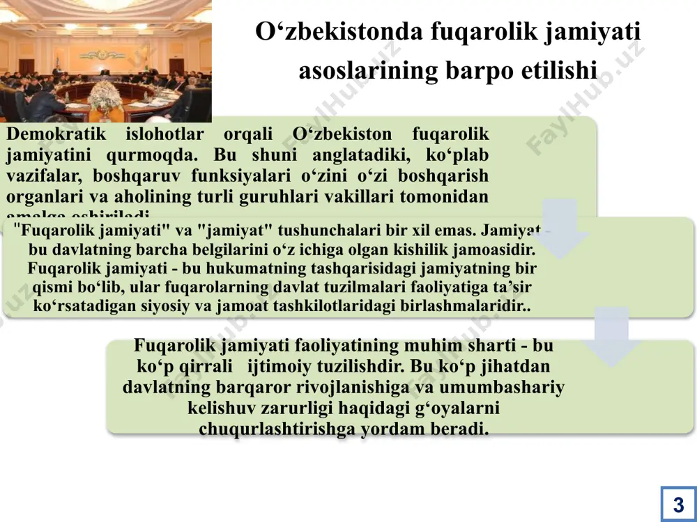 i agentligini tashkil etish g’oyasini ilgari suradi 2017 yil 7 fevral shavkat mirziyoyev o’zbekistonni rivojlantirishning 5 ustuvor yo’naloshi bo’yicha harakatlar strategoyasini tasdiqladi harakatlar strategiyasini amalga oshirish bo’yicha prezident rahbarligida 14 kishilik milliy komissiya tuzilgan o’zbekiston tarixi 9 i. davlat va jamiyat qurilish tizimini takomillashtirish (moviy havorang– osmon va toza suv ramzi, buyuk amir temur davlatining bayrog‘ining rangi) ii. qonun ustuvorligini ta’minlash va sud-huquq tizimini yanada isloh qilish (siyohrang– qonuniylik elementlari hisoblangan ustuvorlik va or-nomuslilik ramzi) iii. iqtisodiyotni rivojlantirish va liberallashtirish (tillarang – iqtisodiyotni rivojlantirish elementlari hisoblangan kuch-qudrat va boylik ramzi,) iv. ijtimoiy sohani rivojlantirish (qizil rang – hayot va aholining munosib turmush tarzini ta’minlash ramzi) v. xavfsizlik, diniy bag‘rikenglik va millatlararo totuvlik, o‘zaro manfaatli va amaliy tashqi siyosat (oq rang – tinchliksevarlik siyosati elementlari hisoblangan tinchlik va soflik ramzi) 2017-2021 yillarda harakatlar strategiyasi o’zbekiston tarixi mahalliy davlat hokimyatchiligi 10 1992 yip 4 yanvar “o’zbekistonda mahalliy hokimyat idoralarini qayta tashkil etish …