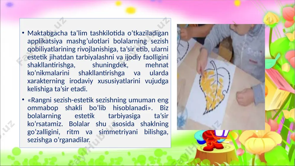 eriallar. poxol (somon). poxol-somondan sanoatda to`qish va dekoratsiya, applikatsiya ishlarida (qutichalar, panellar, qalamdonlar) va shu kabilarga bezak berishda foydalaniladi. bu maqsadda bug'doy, javdar, arpa somonlari ishlatiladi. applikatsiya va bezash ishlarida ishlatishdan oldin somon bog'lami tog'oraga solinib, ustidan qaynoq suv quyiladi va u tog'orada bir sutka saqlanadi. so'ng uni tog'oradan olib, suvi silqitib tushiriladi va har birini uzunasiga o'rtasidan bo'linadi. qirqqanda pastdan yuqoriga qarab qirqiladi. so'ngra somonning qirqilgan tomonini pastga qaratib qo'yib, iliq qilib dazmollanadi. yumshoq rasm. - qo'llar, tasavvur, ijodiy faoliyatni kichik ta'sirchanlikni rivojlantirish; - badiiy did, aniqlik, mukammallikni oshiring. - hunarmandchilik jarayoniga qiziqish bildiring. yumshoq rasm fantaziya, ijodiy salohiyat, hissiyotsional ijodkorlikni rivojlantiradi. bunda nafaqat jun, balki paxta disklaridan ham foydalanishingiz mumkin. bundan tashqari, paxta bo'yalgan bo'lishi mumkin. krigami – bu qog‘ozni yirtish yoki simmetrik qirqish yo‘li bilan yasash yo‘li bilan narsa yasash ma’nosini bildiradi. kirigami yaponcha so'z bo'lib, ikki so'zdan iborat: "toiru "- kes + " kami "-qog'oz. bu …