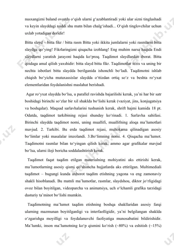 bitta slayd – bitta fikr / bitta rasm bitta yoki ikkita jumlalarni yoki rasmlarni bitta slaydga qo‘ying! fikrlaringizni qisqacha izohlang! eng muhim narsa haqida endi slaydlarni yaratish jarayoni haqida ko‘proq. taqdimot slaydlardan iborat. bitta qoidaga amal qilish yaxshidir: bitta slayd bitta fikr. taqdimotlar tezis va uning bir nechta isbotlari bitta slaydda berilganida ishonchli bo‘ladi. taqdimotni ishlab chiqish bo‘yicha mutaxassislar slaydda o‘ttizdan ortiq so‘z va beshta ro‘yxat elementlaridan foydalanishni maslahat berishadi. agar ro‘yxat slaydda bo‘lsa, u parallel ravishda bajarilishi kerak, ya’ni har bir satr boshidagi birinchi so‘zlar bir xil shaklda bo‘lishi kerak (vaziyat, jins, konjugatsiya va boshqalar). maqsad sarlavhalarini tushunish kerak, shrift hajmi kamida 18 pt. odatda, taqdimot tarkibining rejasi shunday ko‘rinadi. 1. sarlavha sahifasi. birinchi slaydda taqdimot nomi, uning muallifi, muallifning aloqa ma’lumotlari mavjud. 2. tarkibi. bu erda taqdimot rejasi, muhokama qilinadigan asosiy bo‘limlar yoki masalalar imzolandi. 3.bo‘limning nomi. 4. qisqacha ma’lumot. taqdimotni rasmlar bilan to‘yingan qilish kerak, ammo agar …