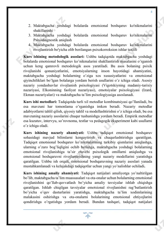 psixologik-pedagogik dasturlar va o’yinlarni yaratishda foydalanilishi mumkin. yakuniy maqsad - maktabgacha yoshdagi bolalarning ijtimoiy moslashuvini yaxshilash, ularning ruhiy salomatligini mustahkamlash va kelgusidagi muvaffaqiyatga erishishlariga zamin yaratishdir. kurs ishining tuzilishi: kirish va ikki bobdan iborat. har bir bob 2 ta rejadan iborat. xulosa va foydalanilgan adabiyotlardan tashkil topgan. i. bob. psixolog olimlar asarlarida, ematsional boshqaruv ko’nikmalari 1.1. ematsional boshqaruv ko’nikmalarini psixolog olimlar tamonidan o’rganilishi. bolada ahloqiy tarbiya jarayonida ahloqiy xususiyatlar kamolga etadi. ahloqiy xususiyatlarning rivojlanishi jarayonida eng avvalo ular o`zlarining boshqalar bilan bo`ladigan munosabatlarini ongli tushuna boshlaydilar, tengdoshlari va kattalar bilan bo`ladigan munosabatlarida ahloq saboqlari rivojlana boradi. psixologik tadqiqotlar natijalarining ko`rsatishicha, maktabgacha tarbiya yoshidagi davr bolaning ma'naviy- ahloqiy,jismoniy shakillanishida eng muxim davr hisoblanadi. aynan shu davrdan boshlab ma'lum maqsadga qaratilgan ta'lim-tarbiya ta'sirida shaxsning ahloqiy sifatlari shakillana boshlaydi. bundan tashqari bolaning maktabgacha yoshidagi davri shu qadar mazmundor va faol davrdirki bu davirda bolaning psixologik rivojlanishida eng katta bosqich hisoblanadi va farzandining yetuk …