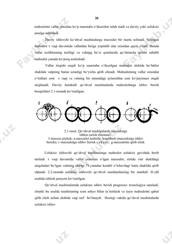 ulot tushishi: b-nalilash (maxsulotga ishlov berish); v-maxsulotga ishlov berish yakuni; g-maxsulotni qirib olish uzluksiz ishlovchi qo‘shval mashinalarga mahsulot uzluksiz gavishda berib turiladi. ( vaqt davomida vallar orasidan o‘tgan maxsulot, sirtida vint shakldagi ariqchalari bo‘lgan valninig ohirigi 7'lyunidan kerakli o‘lchovdagi lenta shaklida qirib olpnadi. 2.2-rasmda uzluksiz ishlovchi qo‘shval mashinalarning bir manbali :ll:;shl usulida ishlash jarayoni ko‘rsatilgan. qo‘shval mashinalarnda uzluksnz ishlov berish progressiv texnologiya sanaladi, chunki bu usulda mashinaning xom ashyo bilan ta’minlash va taysr mahsulotni qabul qilib olish uchun alohida vaqt sarf bo‘lmaydi. hozirgi vaktda qo‘shval mashinalarda uzluksiz ishlov 21 berish keng nomenklaturadagi plastmassa markalarini ishlash qo‘llanilmokda (masalap feno va aminoplastlar). listlaydigan (yoki plyonka yasaydigan) ko‘pval mashinalarga (kalandrlarga) maxsulot listlar yoki burg'li (chervyakli) plastikatorlarning alohida o‘ramlari shaklida beriladi. (2.3-rasm). xom ashyo vallarnipg birinchn juftdigi oralshiga chortiladi va so‘ng ularlan birnping sirtini egib. navbatdagi vallar juftligi orasidagi tirqishdan o‘tadi. vallarnish oxirigi juftligidan o‘tgan kalandrlangan lenta maxsus moslama yordamida o‘ramlarga o‘raladi. yelimlash (va …