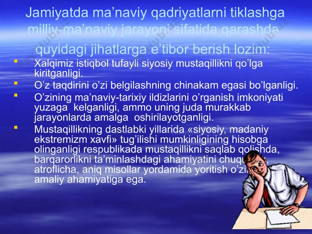1130 yilligi butun mamlakatimizda keng nishonlab o‘tildi. yurtimiz hali ittifoq tarkibida bo‘lgan, kremlning hukmronligi hali kuchini yo‘qotmagan bir paytda – 1990-yil iyun oyida respublika prezidenti islom karimov “musulmonlarning saudiya arabistoniga haj qilishi to‘g‘risida”gi farmonga imzo chekdi. o‘zbekiston hukumatining har tomonlama qo‘llab-quvvatlashi bilan 1991 -ilda haj qilish baxtiga 350 kishi sazovar bo‘lgan bo‘lsa, 2001-yili hojilarning soni 3801 kishiga yetdi. jami mustaqillik yillari haj ibodatini ado etishga muvoffaq bo‘lganlarning soni 31.057 kishini tashkil qildi. eʼtiboringiz uchun tashakkur image6.gif image7.png image8.png image9.png image10.png image1.jpeg image2.jpeg image3.png image4.png image5.png