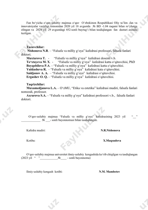 g‘oya” kafedrasining 2023 yil “__” _____________ № ___- sonli bayonnomasi bilan tasdiqlangan. kafedra mudiri: n.r.nishonova kotiba: x.maqsudova o‘quv-uslubiy majmua universitet ilmiy-uslubiy kengashida ko‘rib chiqilgan va tasdiqlangan (2023 yil “ ”____________№____ - sonli bayonnoma) ilmiy-uslubiy kengash kotibi: n.m. mambetov № mundarija betlar i. мa’ruza маtnlari 4 1-ma’ruza din ijtimoiy madaniyat hodisa sifatidagi ahamiyat 4-21 2-ma’ruza milliy dinlar 21-33 3-ma’ruza zardushtiylik dini 33-49 4-ma’ruza buddaviylik dini 49- 5-ma’ruza xristianlik dini 6-ma’ruza islom dini 7-ma’ruza islom dinining aqidaviy yo‘nalishlari va maktablari 8-ma’ruza markaziy osiyo tarixida xanafiya mazxabining o‘rni 9-ma’ruza o‘zbekistonda faoliyat yurituvchi diniy tashkilotlar 10-ma’ruza zamonaviy diniy harakatlar va sektalar 11-ma’ruza kiber makonda diniy e’tiqod targ`ibotining ijtimoiy xavfi 12-ma’ruza missionerlik va prozelitizmning siyosiy-ijtimoiy xavfi 13-ma’ruza diniy fundamentalizm, radikalizm va terrorizmning tarixi va yo‘nalishlar 14-ma’ruza dunyo hamjamiyatining ekstremizm va terrorizmga qarshi kurash tajribasi 15-ma’ruza dunyoviy bilimlar va diniy e’tiqod birligiga erishishning ahamiyat ii. seminar mashg‘ulotlari 1-seminar din ijtimoiy madaniyat hodisa sifatidagi ahamiyat 2- seminar …