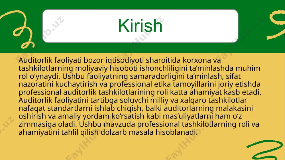 andartlari (ifrs) ham auditorlik jarayonining sifatini ta’minlashda muhim o‘rin tutadi. • o‘zbekiston auditorlari ham ushbu standartlarga mos ravishda ishlashni boshlamoqda. auditorlik sifatini oshirishda xalqaro tashkilotlarning tajribasidan foydalanish • xalqaro auditorlik kompaniyalari (big four: pwc, deloitte, ey, kpmg) tomonidan joriy etilgan audit usullari va texnologiyalaridan o‘rganish zarur. • xalqaro tashkilotlarning tajribasidan foydalangan holda mahalliy auditorlarning malakasini oshirish va sertifikatlash tizimini yanada takomillashtirish mumkin. 3. professional tashkilotlar va xalqaro tajriba xulosa xulosa qilib aytganda, auditorlik faoliyatini tartibga solishda professional tashkilotlar muhim rol o‘ynaydi. ular auditorlik standartlarini ishlab chiqish, sifat nazorati tizimini joriy etish, auditorlarning malakasini oshirish va professional etika me’yorlariga rioya qilishda faol ishtirok etadilar. xalqaro auditorlik tashkilotlari tajribasi shuni ko‘rsatadiki, professional tashkilotlar yordamida auditorlik faoliyati yanada shaffof va ishonchli bo‘ladi. milliy darajada ham ushbu tashkilotlarning faoliyatini kengaytirish va xalqaro tajribadan foydalanish zarur. foydalanilgan adabiyotlar 1. o‘zbekiston respublikasining “auditorlik faoliyati to‘g‘risida”gi qonuni. 2. xalqaro auditorlik va taftish standartlari (iaasb) hujjatlari. 3. ifac …