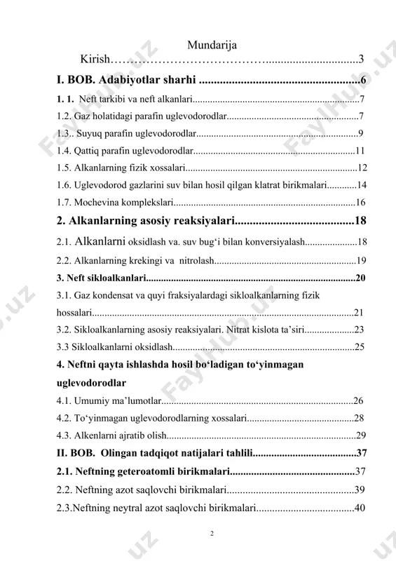 evodorodlar 4.1. umumiy ma’lumotlar.............................................................................26 4.2. to‘yinmagan uglevodorodlarning xossalari...........................................28 4.3. alkenlarni ajratib olish............................................................................29 ii. bob. olingan tadqiqot natijalari tahlili.......................................37 2.1. neftning geteroatomli birikmalari...............................................37 2.2. neftning azot saqlovchi birikmalari................................................39 2.3.neftning neytral azot saqlovchi birikmalari.....................................40 kirish prezident islom karimov 2012 yil 17 fevral kuni toshkentdagi simpoziumlar saroyida «yuksak bilimli va intelektual rivojlangan avlodni tarbiyalash – mamlakatni barqaror taraqqiy ettirish va modernizatsiya qilishning eng muhim sharti» xalqaro konferensiyasidagi ma’ruzalarida “kadrlar tayyorlash milliy dasturi deb nom olgan ta’lim sohasini isloh qilish dasturi mamlakatimizda yangi jamiyat qurishning bosqichma-bosqich va tadrijiy rivojlanish prinsipiga asoslangan iqtisodiy va siyosiy islohatlarning biz tanlagan “o‘zbek modeli”- o‘z taraqqiyot yo‘limizning ajralmas tarkibiy qismidir. ushbu dastur jiddiy izlanish tadqiqotlarning, jahondagi taraqqiy topgan ilhor tajribasini umumlashtirishning natijasi sifatida o‘tmishdan majburan singdirilgan kommunistik mafkuraning qolip va andozalaridan butunlay voz kechish, odamlarning, birinchi navbatda, unib-o‘sib kelayotgan avlodning ongida demokratik qadriyatlarni mustahkamlashga qaratilgan bo‘lib, qisqacha aytganda, bu dastur hayotda o‘z fikriga, o‘zining qarashlari va qat’iy grajdanlik pozitsiyasiga …