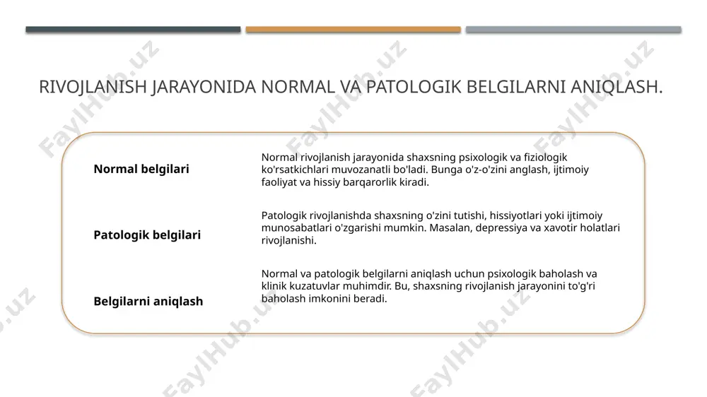 h rivojlanishga ta'sir etuvchi omillar shaxs rivojlanishi normal va patologik jarayonlar bilan bog‘liq. bu jarayonlar psixologik va ijtimoiy omillar ta'sirida yuzaga keladi. normal rivojlanish belgilari o'zaro aloqalar va muvozanatni ta'minlaydi. patologik rivojlanish esa shaxsning ijtimoiy va psixologik salomatligiga zarar etkazadi. psixologik va fiziologik omillar shaxs rivojlanishida muhim rol o'ynaydi. ularning o'zaro aloqalari shaxsning umumiy rivojlanishiga ta'sir ko'rsatadi. foydalanilgan adabiyotlar 1. xolmatova, s. m. psixologik rivojlanish nazariyalari. toshkent: o‘zbekiston milliy universiteti, 2022 2. jumayev, m. o'sish va rivojlanish jarayonida patologik holatlar. psixologiya va ta'lim, 2023 3. toshpulatov, a. shaxsning normal rivojlanishi va uning omillari. o‘zbekiston psixologiya jurnali, 2021 4. abdullaeva, n. rivojlanish psixologiyasi: normal va patologik holatlar. toshkent: fan va texnologiyalar, 2020 5. ruzimov, b. o'sish va rivojlanishda psixologik omillar. mahalliy va global psixologiya kengashi, 2023 e'tiboringiz uchun rahmat! /docprops/thumbnail.jpeg