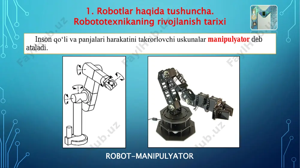 sturi, sensorlar tizimi va sun’iy intellektga ega intellektual robotlar. robotlarning sinflanishi robotlar boshqaruviga inson aralashuvi darajasi bo‘yicha bajarayotgan vazifasiga ko‘ra 2. robot boshqaruviga inson aralashuvi darajasi bo‘yicha sinflanishi robotlar boshqaruviga inson aralashuvi darajasi bo‘yicha 2 turga ajratiladi: – biotexnik; – avtonom (yoki avtomatik). biotexnik robotlar. bu masofadan turib boshqariladigan (harakatni takrorlovchi) barcha robotlar;  harakatni takrorlovchi robotlar;  ekzoskeletlar;  inson tomonidan boshqarish pulti orqali boshqariladigan robotlar;  yarimavtomatik robotlar. 2. robot boshqaruviga inson aralashuvi darajasi bo‘yicha sinflanishi harakatni takrorlovchi robotlar harakatni takrorlovchi robotlar quyidagi boshqarish strukturasiga ega:  ijrochi mexanizmga o‘lchami va ishlatadigan kuchi bo‘yicha masshabli o‘xshash organ (odatda, manipulyator);  to‘g‘ri va teskari aloqa signallarini yetkazish vositalari;  robot faoliyat ko‘rsatadigan muhitni operatorga ko‘rsatuvchi vosita. operator tomonidan ishlab chiqilgan harakat ijrochi organ tomonidan ikki tomonlama nazorat tizimlari yordamida masshtabli koeffitsient aniqligida takrorlanadi. “telerobot” (italiya) firmasining maskot harakatni takrorlovchi manipulyatori 2. robot boshqaruviga inson aralashuvi darajasi bo‘yicha sinflanishi harakatni …