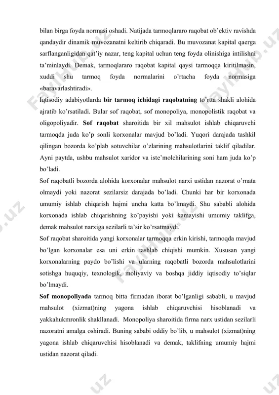 ir turdagi mahsulotning o’nlab ishlab chiqaruvchilari bir-birlari bilan qulay narx hamda ishlab chiqarish hajmiga erishish borasida raqobatlashadilar. biroq, ayni paytda, har bir ishlab chiqaruvchi o’z mahsulotini tabaqalashtirish, ya’ni shu turdagi boshqa mahsulotlardan qaysi bir jihati (sifat darajasi, shakli, qadoqlanishi, sotish sharoitlari va h.k.) bo’yicha farqlantirish orqali uning monopol ishlab chiqaruvchisiga aylanadi. oligopoliya – tarmoqda u qadar ko’p bo’lmagan korxonalarning mavjud bo’lishi va hukmronlik qilishidir. bu oligopoliyaning eng muhim belgisidir. qaysi tovarlar va xizmatlar bozorida nisbatan kam sonli ishlab chiqaruvchilar hukmronlik qilsa, shu tarmoq oligopolistik tarmoq hisoblanadi. oligopolistik tarmoq bir xil yoki tabaqalashgan mahsulot ishlab chiqarishi mumkin. ko’pchilik sanoat mahsulotlari – po’lat, mis, alyuminiy, qo’rg’oshin, temir va shu kabilar fizik ma’noda bir turdagi mahsulotlar hisoblanadi va oligopoliya sharoitida ishlab chiqariladi. iste’mol tovarlari – avtomobillar, kir yuvish vositalari, sigaretlar, maishiy elektr buyumlari va shu kabilarni ishlab chiqaruvchi tarmoqlar tabaqalashagan oligopoliya hisoblanadi. oligopoliya sharoitida korxonalar o’rtasidagi raqobat o’zaro bog’liq bo’ladi. oligopolistik tarmoqda hech …