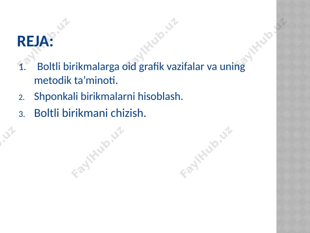 g mustaxkamligi shponka va “vtulka” ariqchasining tutash sirtida xosil bo`ladigan ezilish kuchlanishi bo`yicha quyidagi shart bo`yicha tekshiriladi: boltli birikma. birikmada boltning uzunligi biriktiriladigan detallar qalinligiga bog‘liq. biriktiriladigan detallardan birining qalinligi a = 25 mm, ikkinchisining qalinligi b = 35 mm berilgan bo‘lsa, ularga shayba qalinligi h, gayka balandligi h va gaykadan boltning rezbali uchi chiqib turadigan zaxira k = 0,25d lar yig‘indisidan iborat, ya’ni bolt uzunligi l = a + b + h + + h + k (23.1-chizma, a). e’tiboringiz uchun rahmat! image1.jpeg image2.png image3.png image4.png image5.wmf oleobject1.bin image6.wmf oleobject2.bin image7.png image8.png ( ) mm st , 10 5 ¸ - = l l [ ] ez ez s f s s < = /docprops/thumbnail.jpeg